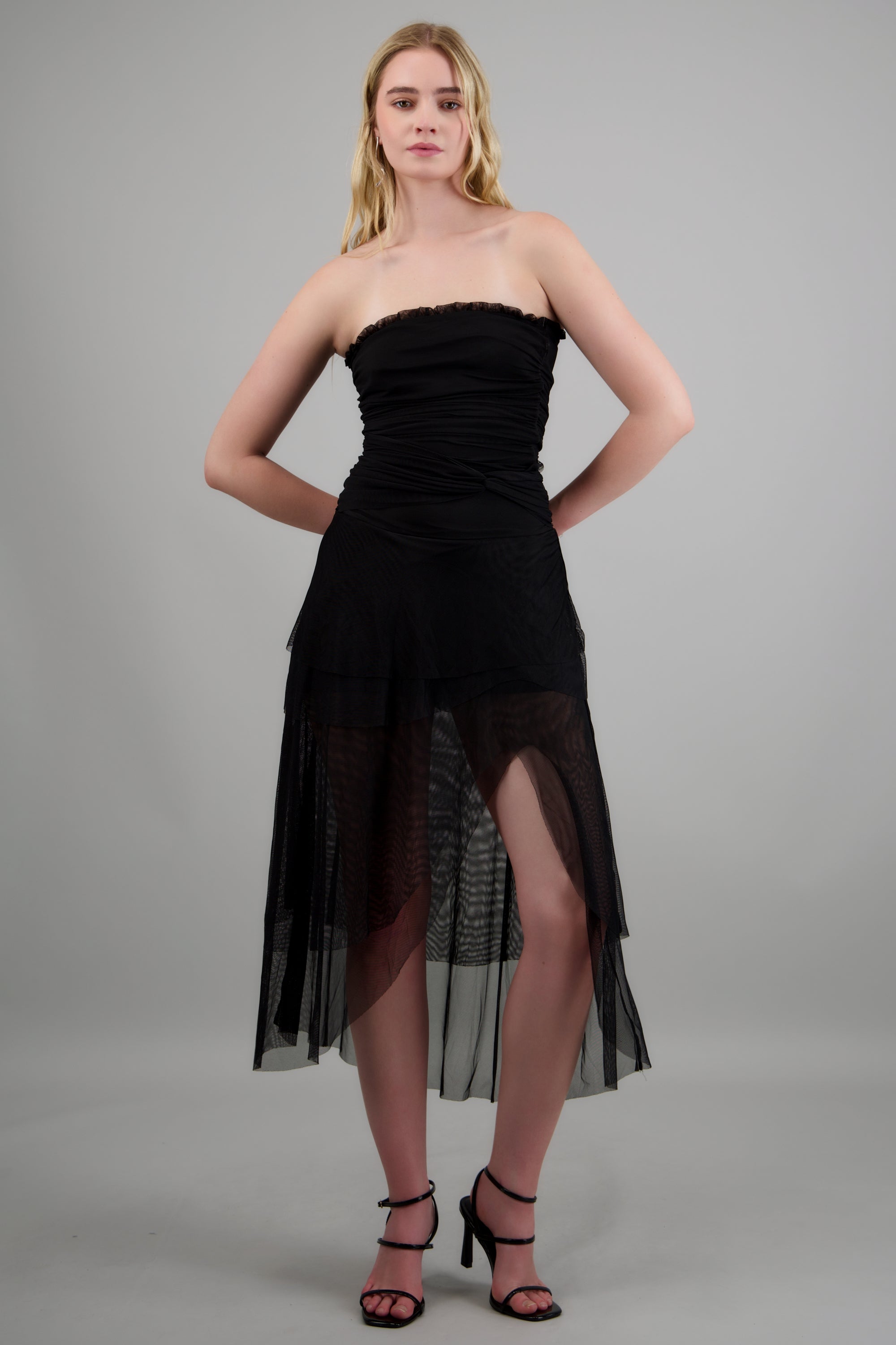 Vestido maxi bandeau mesh olanes con abertura NEGRO