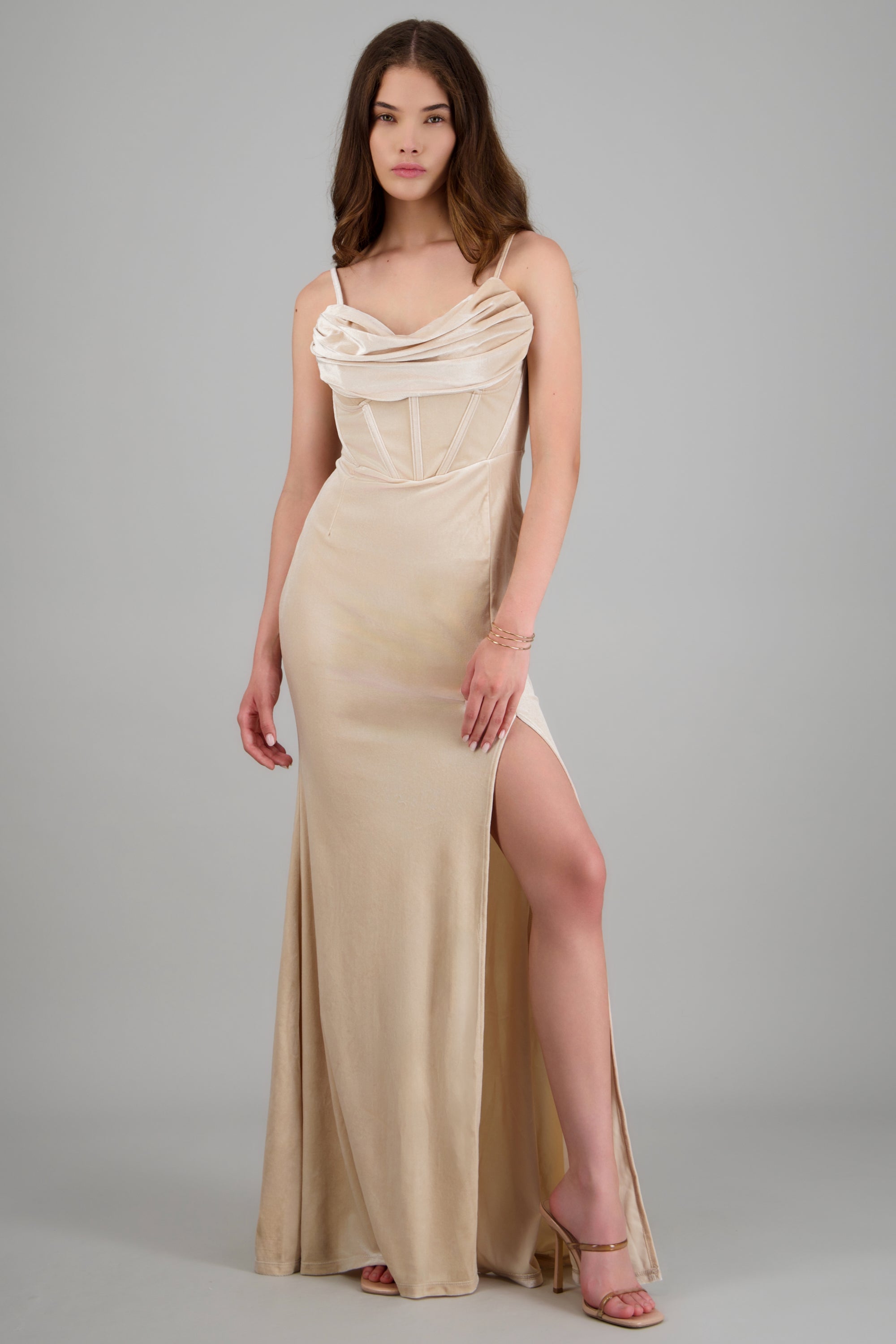 Vestido escote drapeado velvet BEIGE