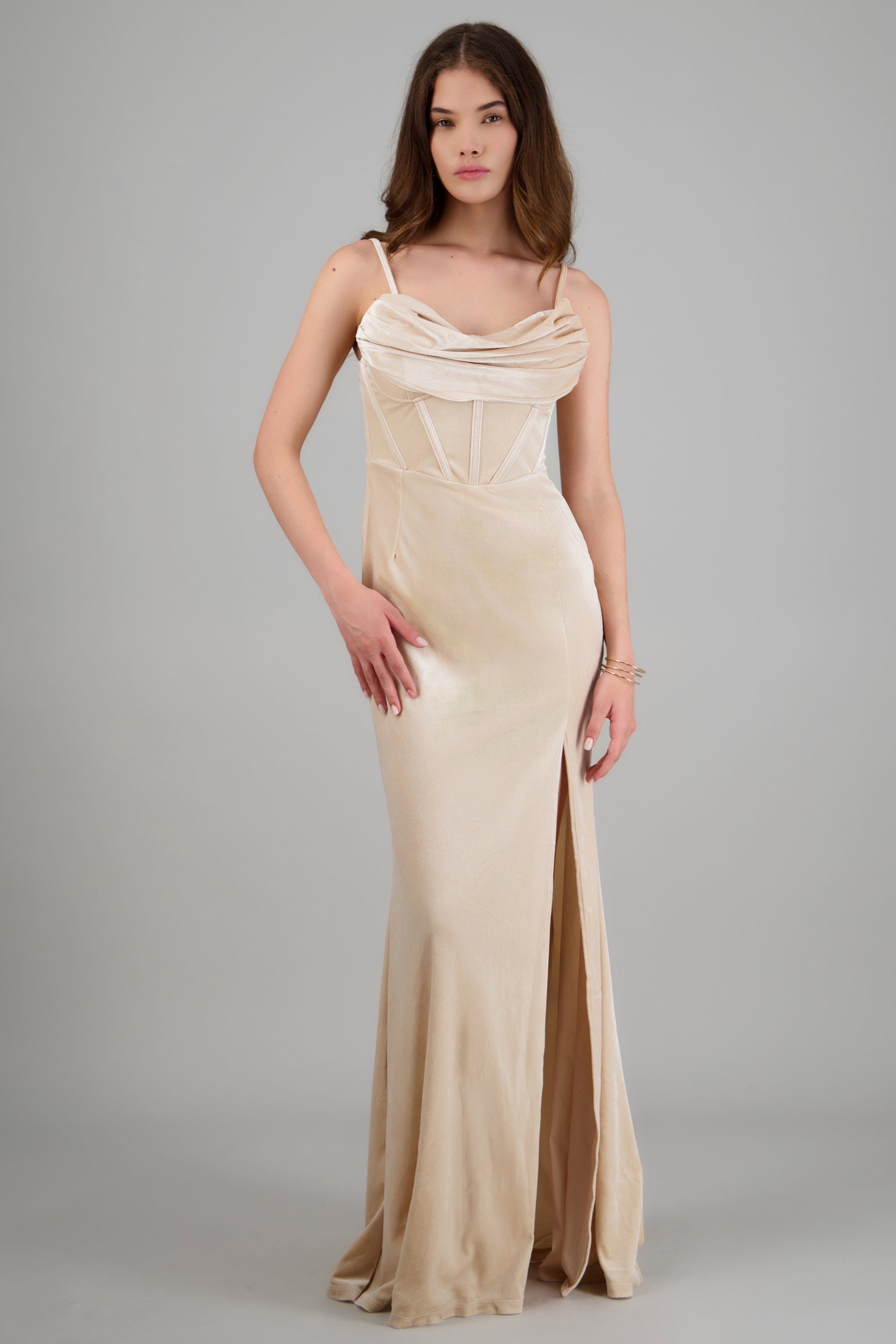Vestido escote drapeado velvet BEIGE