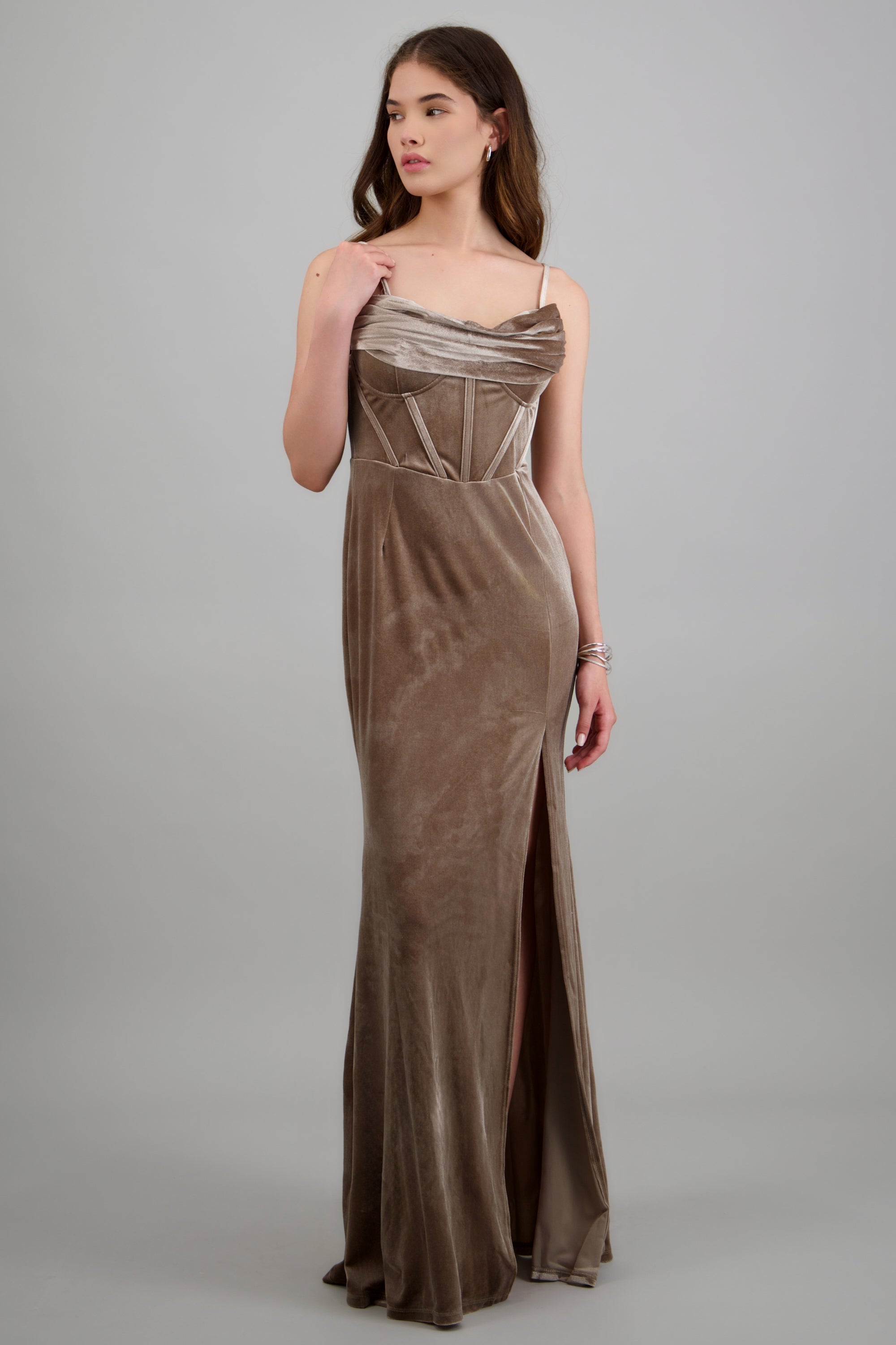 Vestido escote drapeado velvet CAFE