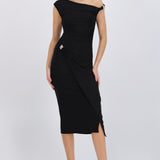 Vestido maxi one shoulder con detalle herraje