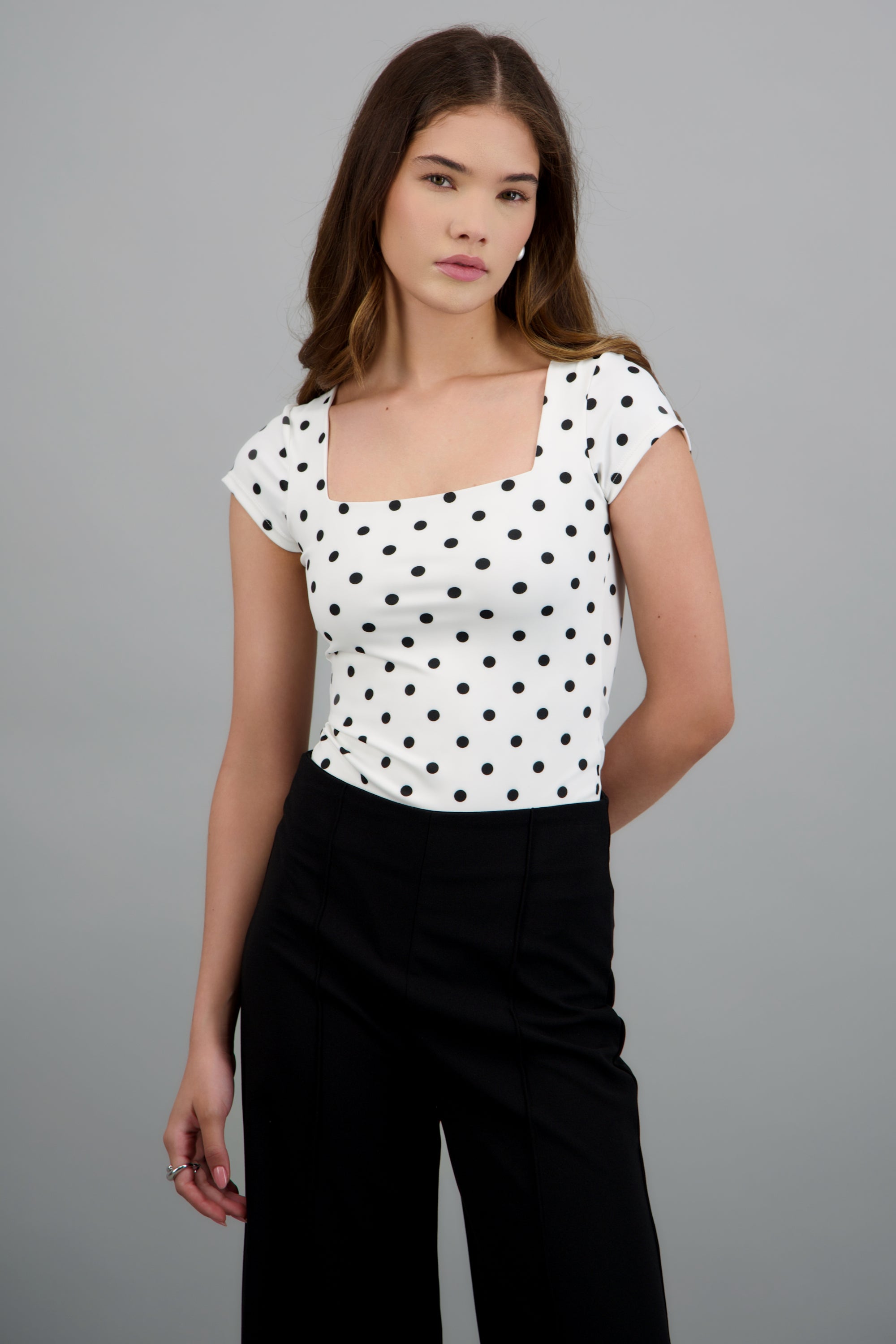 Body escote cuadrado manga corta polka dots BLANCO COMBO