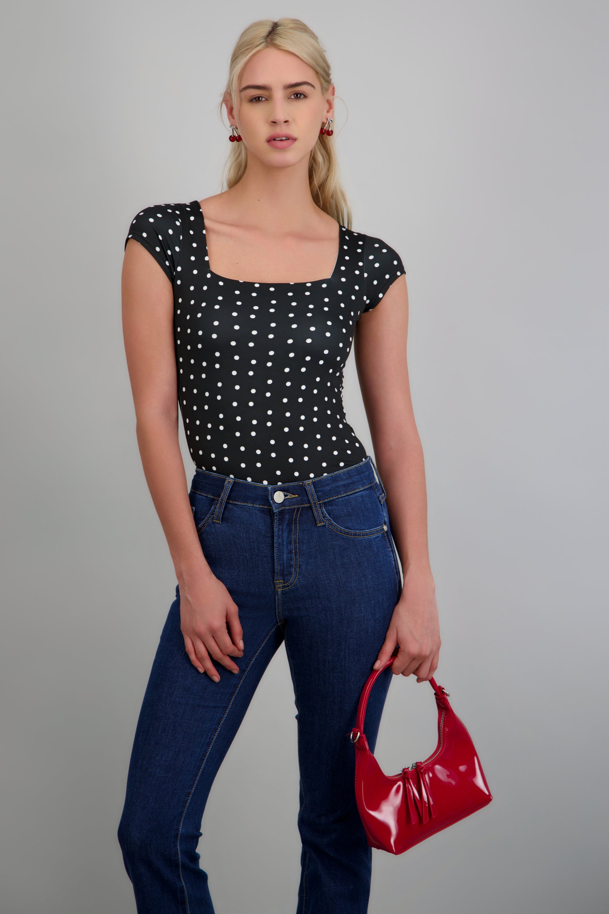 Body escote cuadrado manga corta polka dots NEGRO COMBO