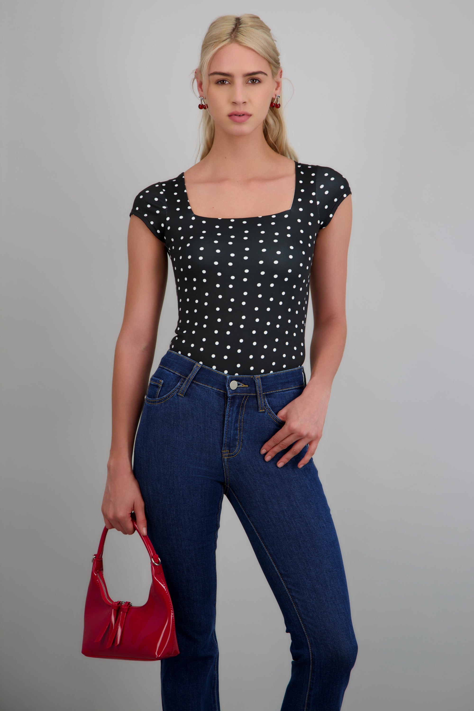 Body escote cuadrado manga corta polka dots NEGRO COMBO