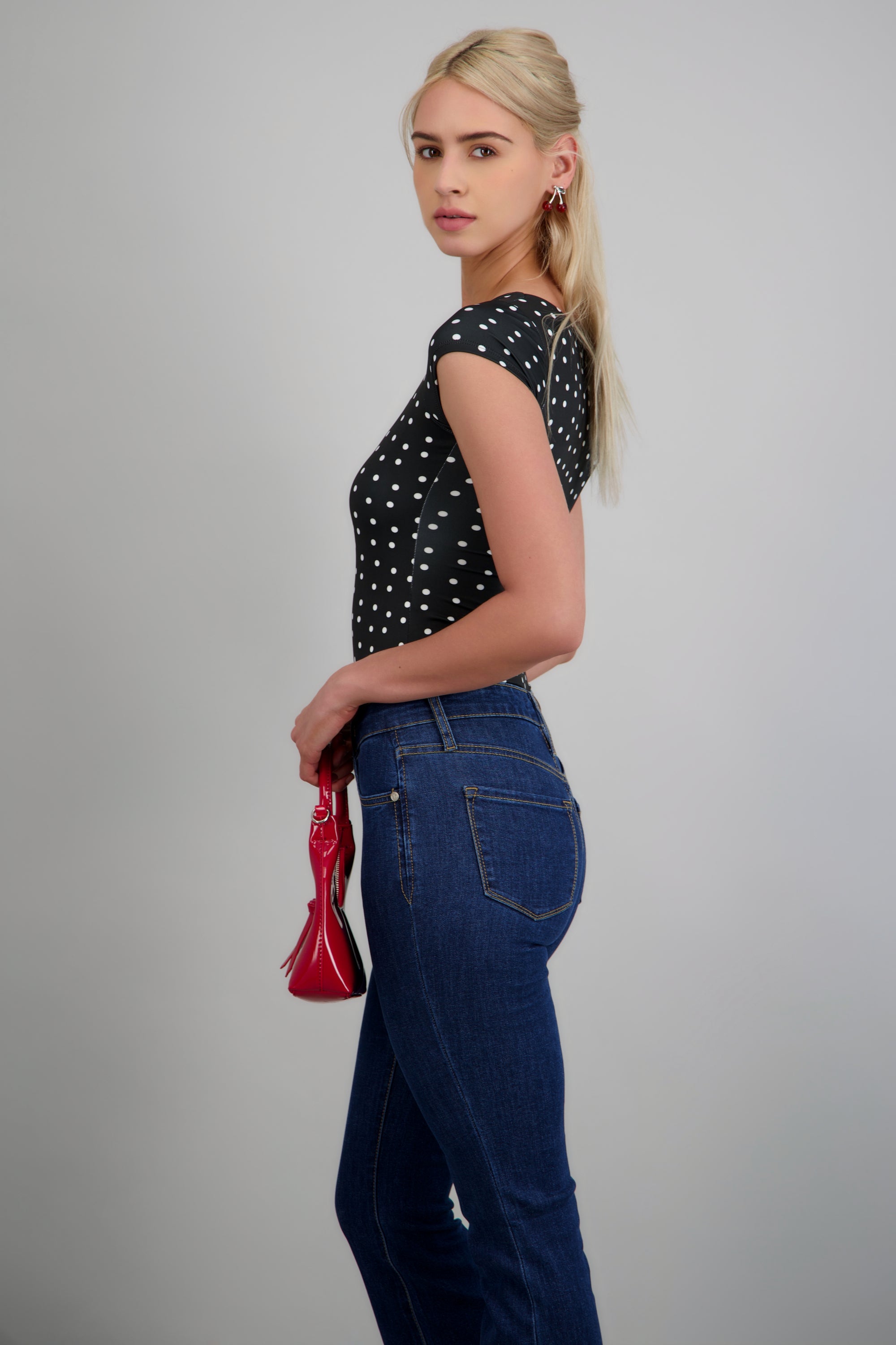 Body escote cuadrado manga corta polka dots NEGRO COMBO