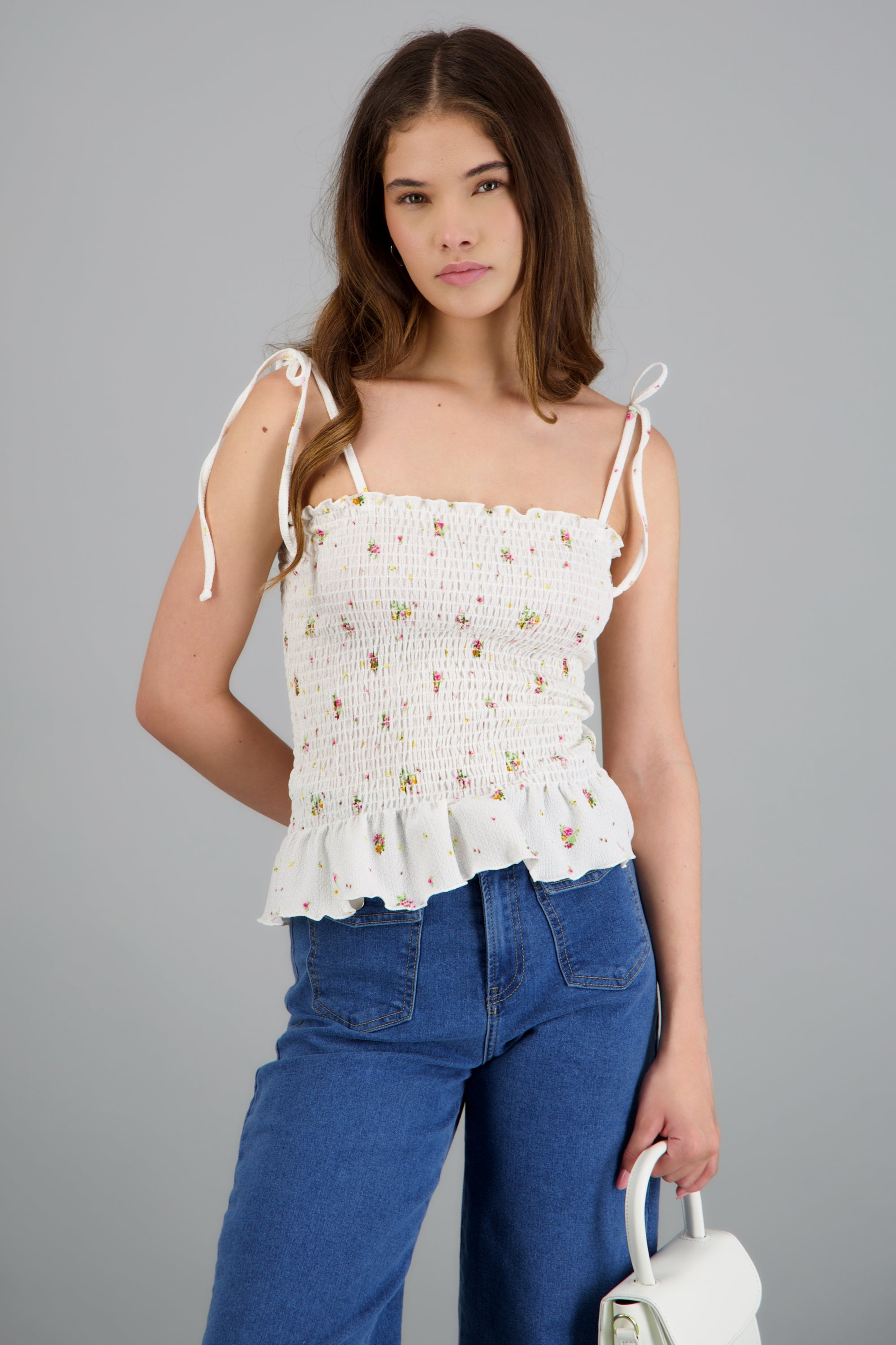 Top smock estampado flores mini BLANCO COMBO
