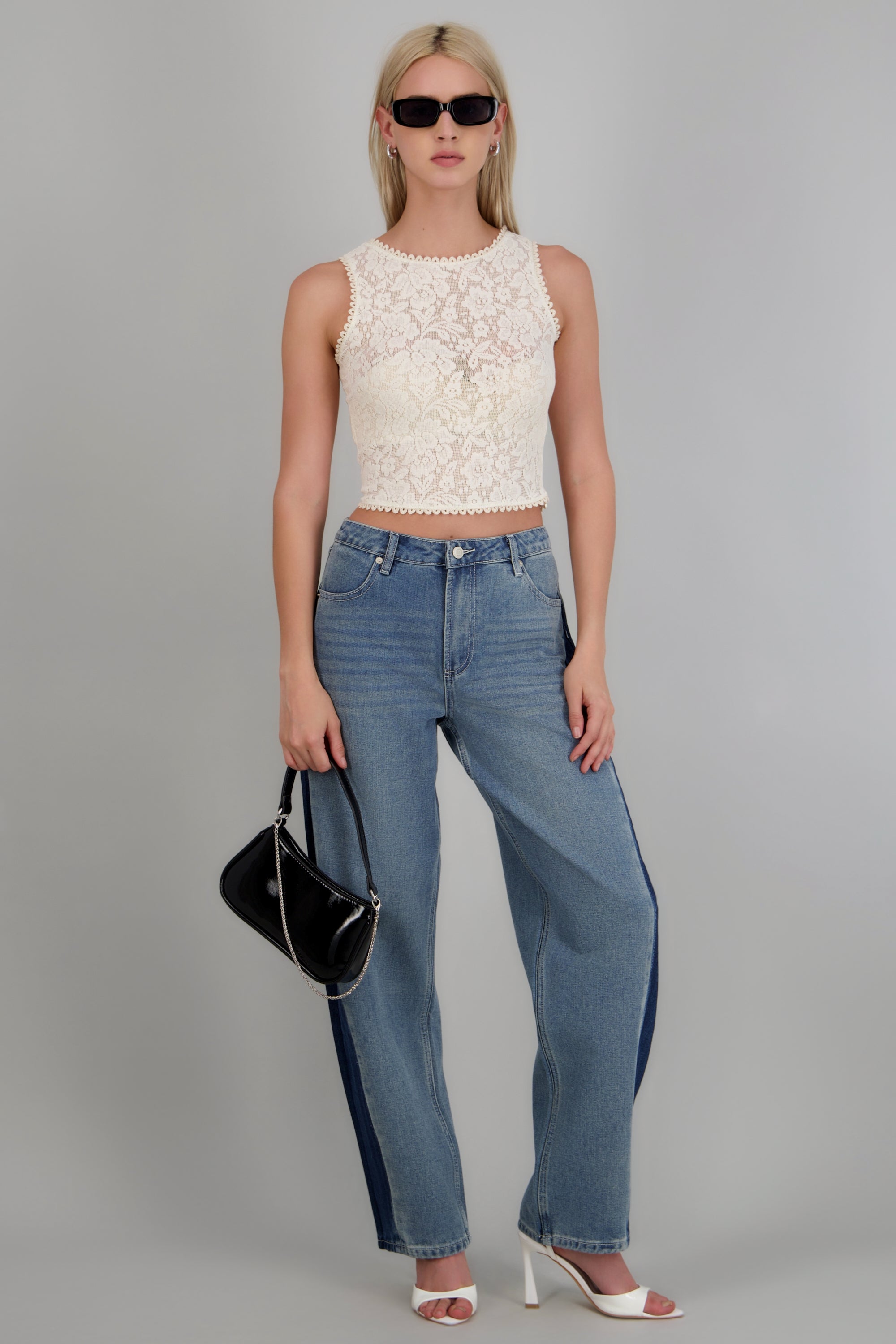 Jeans wide leg contraste
