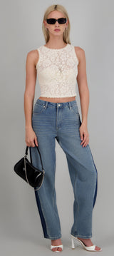 Jeans wide leg contraste