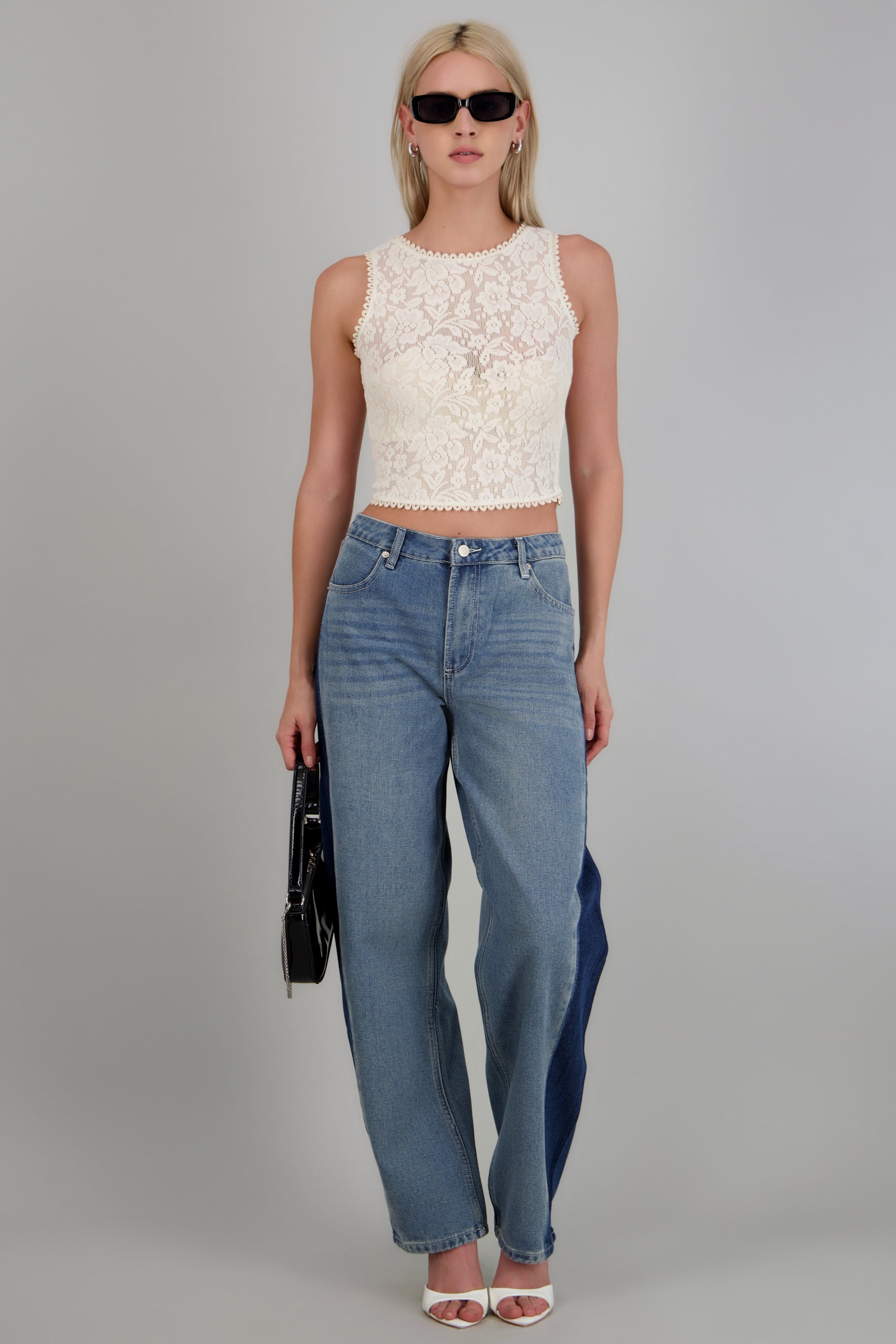 Jeans wide leg contraste