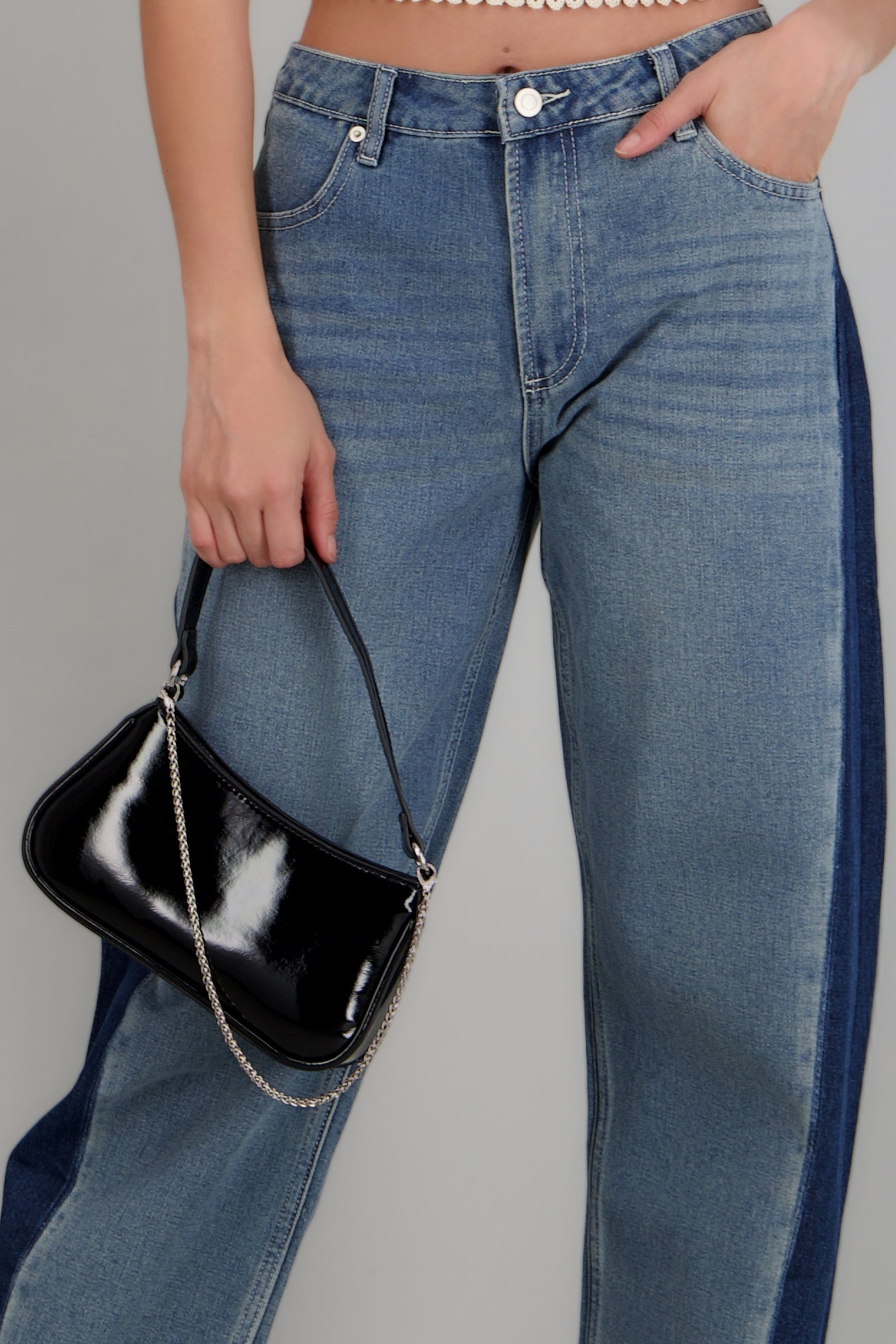 Jeans wide leg contraste