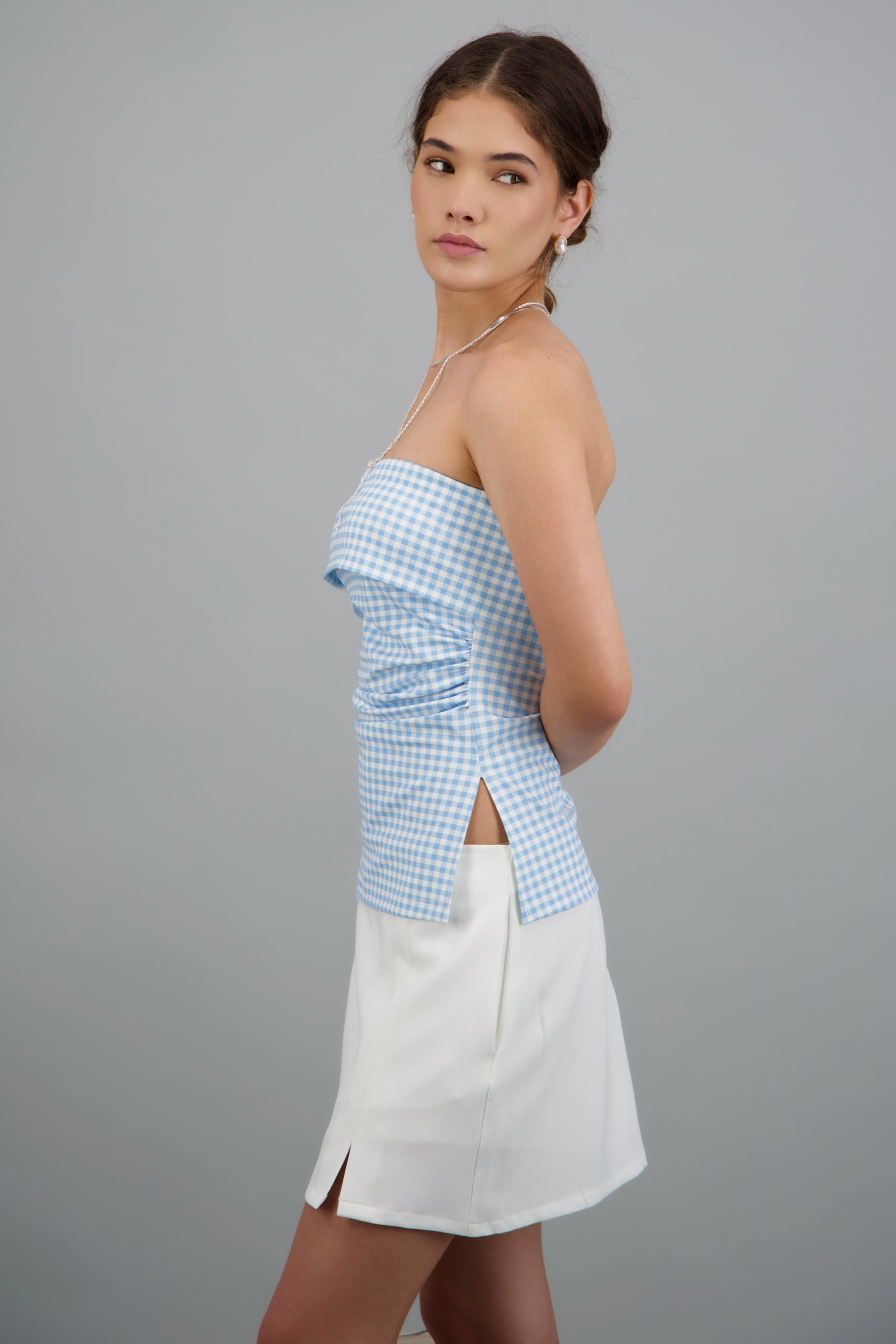 Top tubo doblez gingham AZUL COMBO