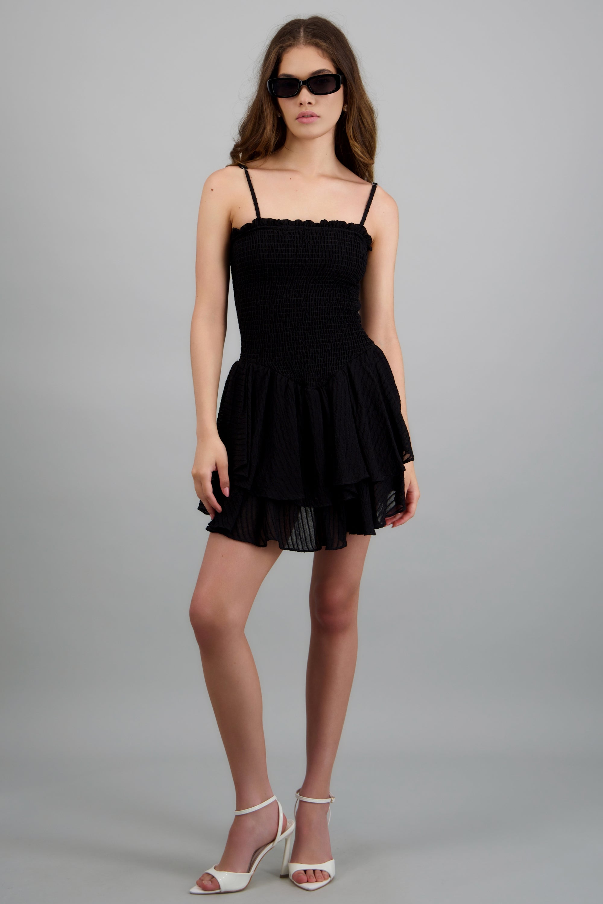 Vestido corto smock falda capas NEGRO