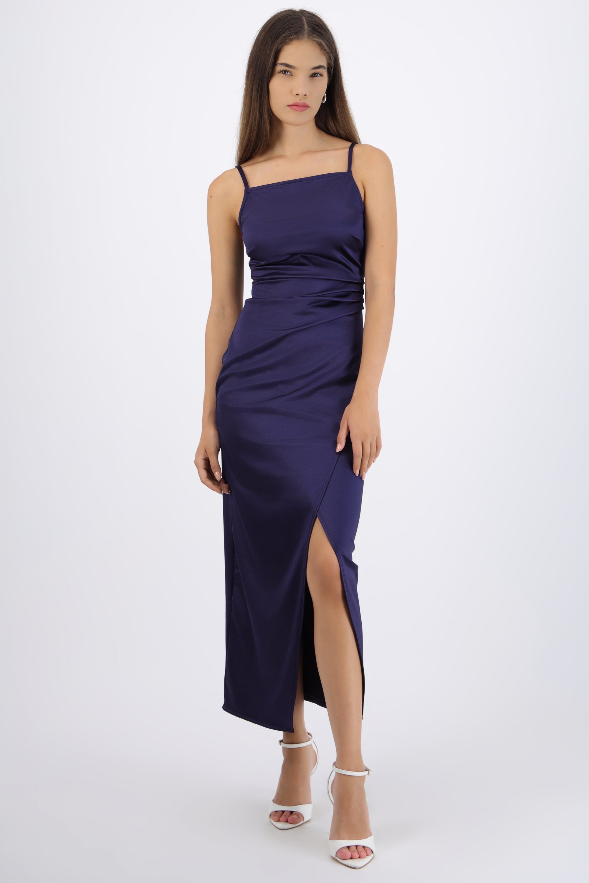 Vestido satinado escote recto AZUL MARINO