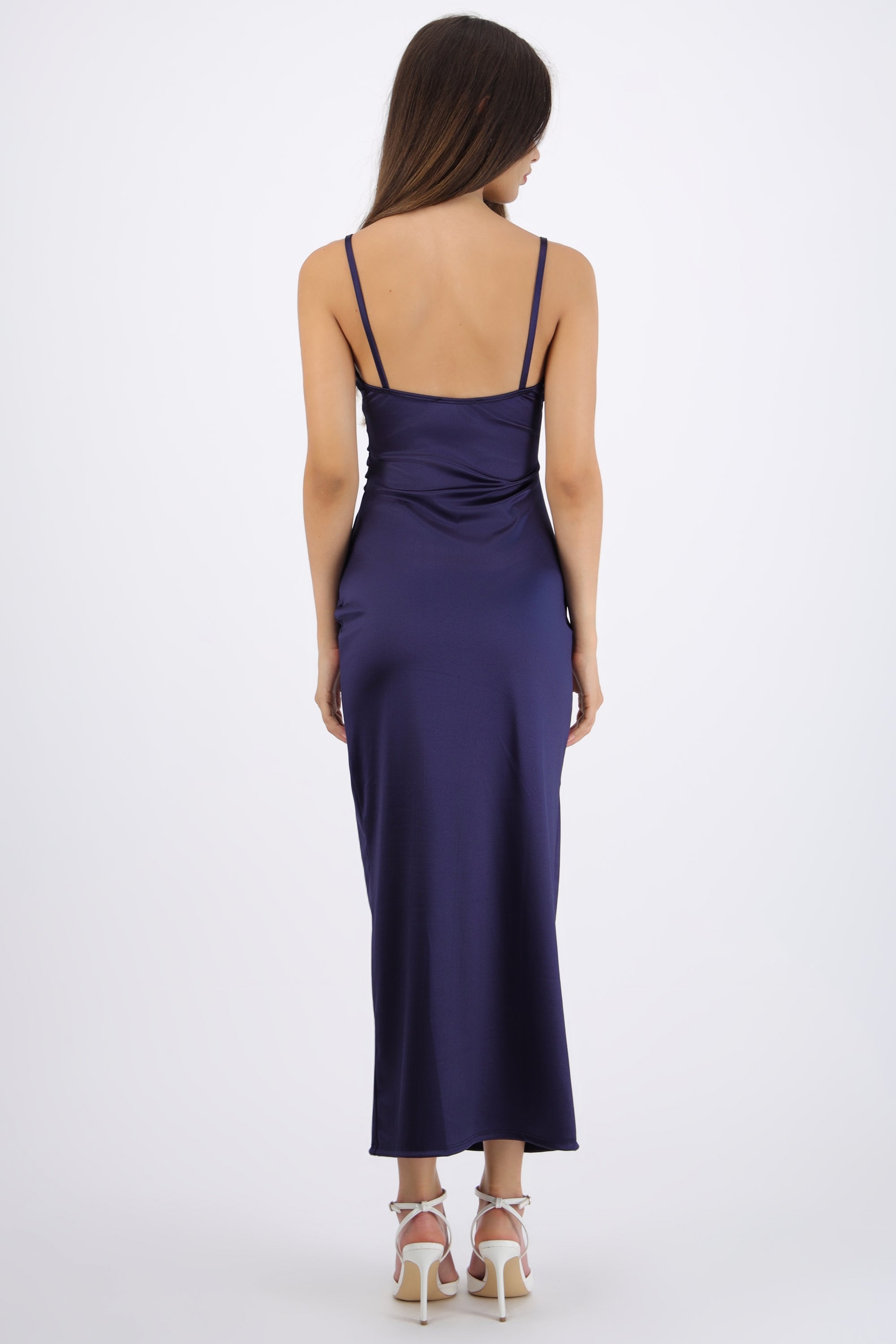 Vestido satinado escote recto AZUL MARINO