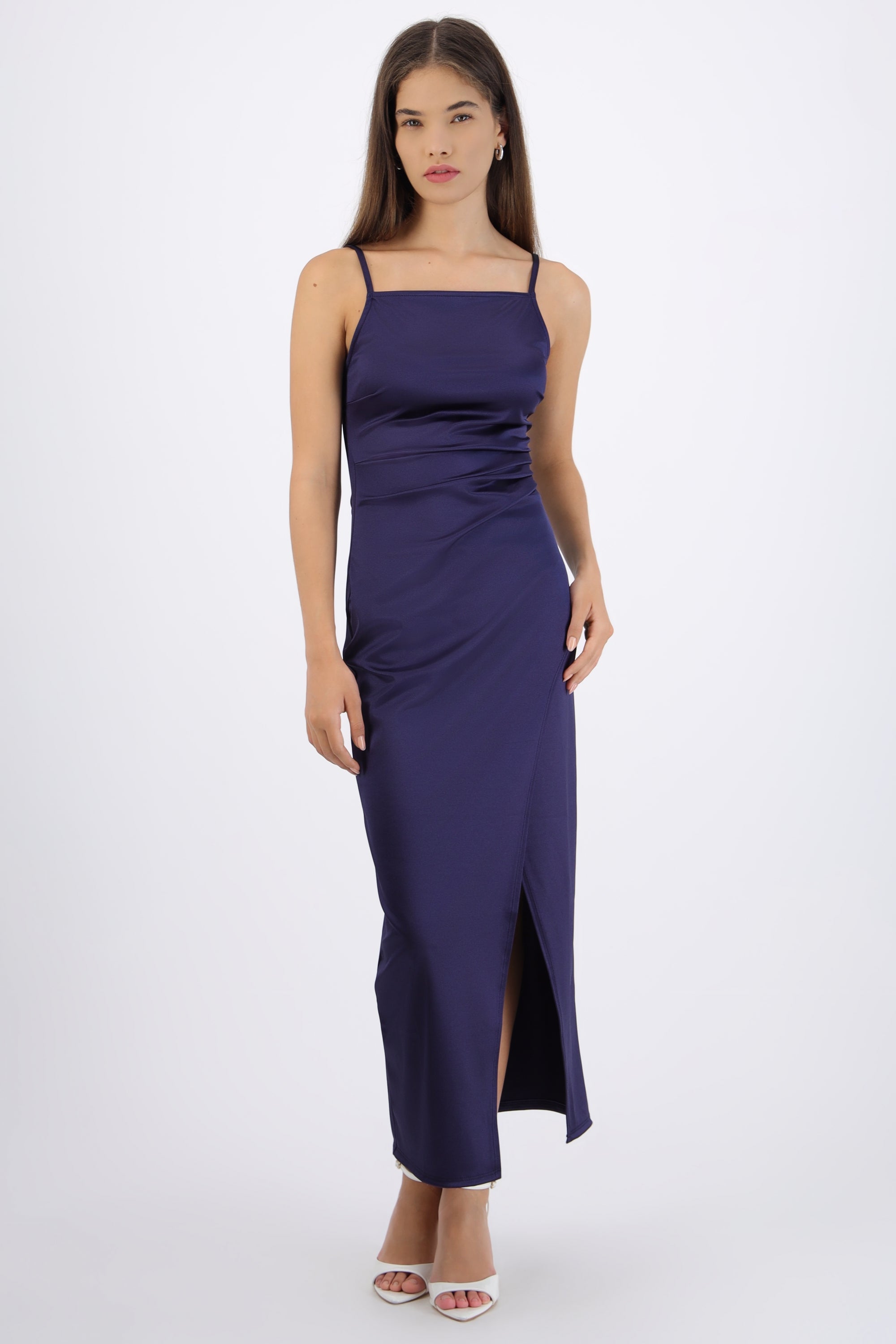Vestido satinado escote recto AZUL MARINO