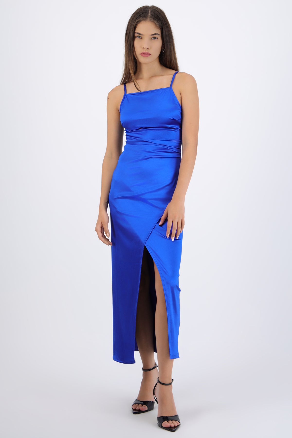 Vestido satinado escote recto AZUL REY