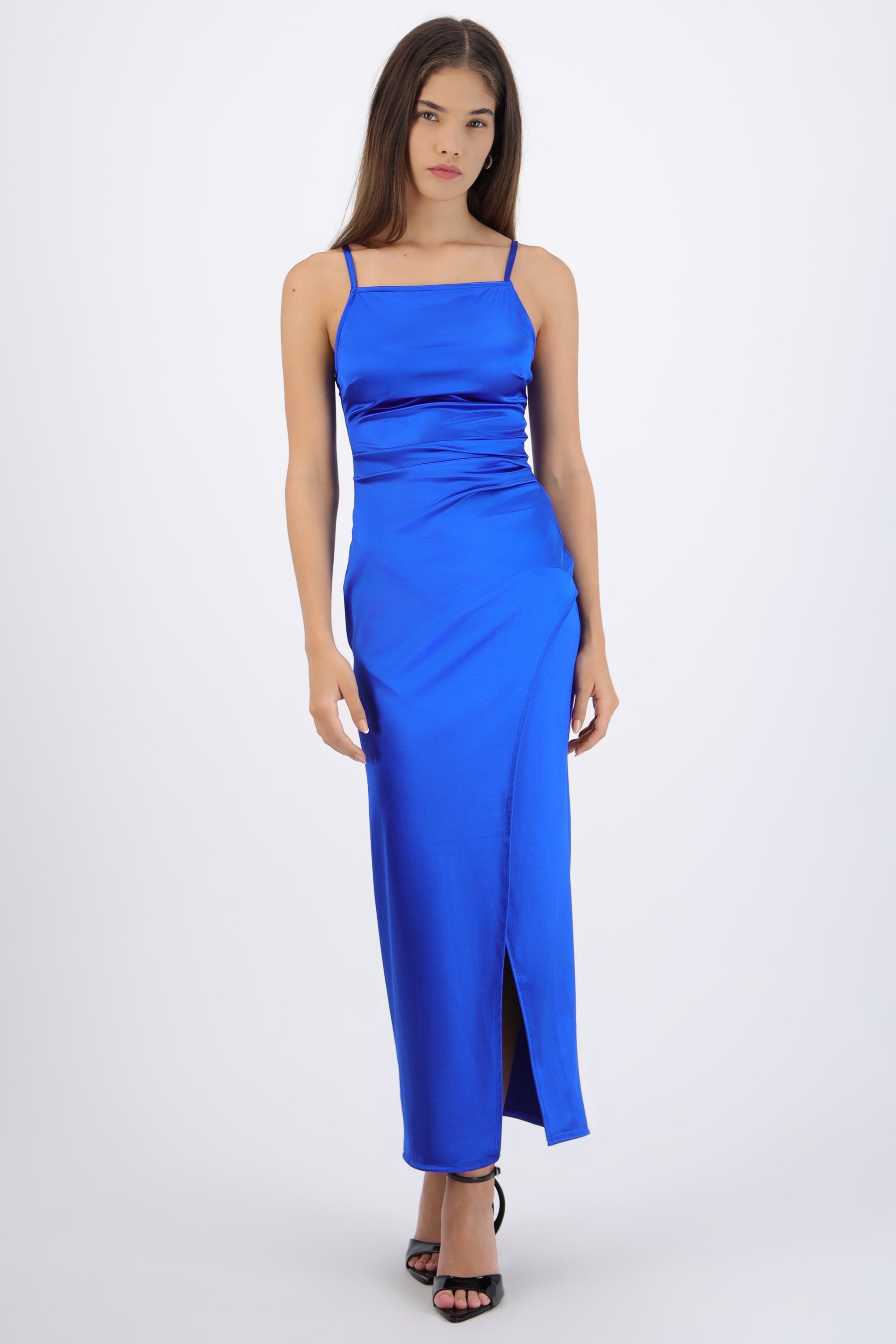 Vestido satinado escote recto