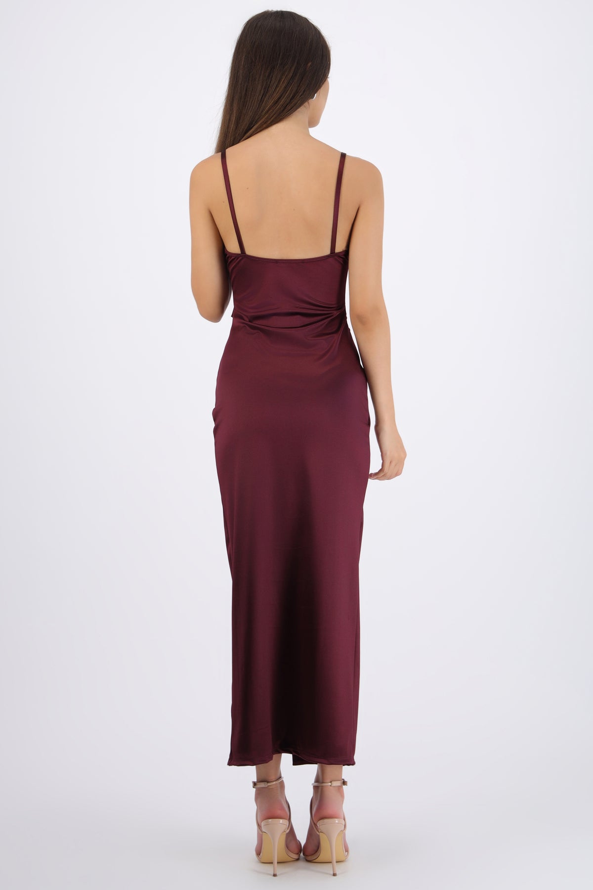 Vestido satinado escote recto CIRUELA