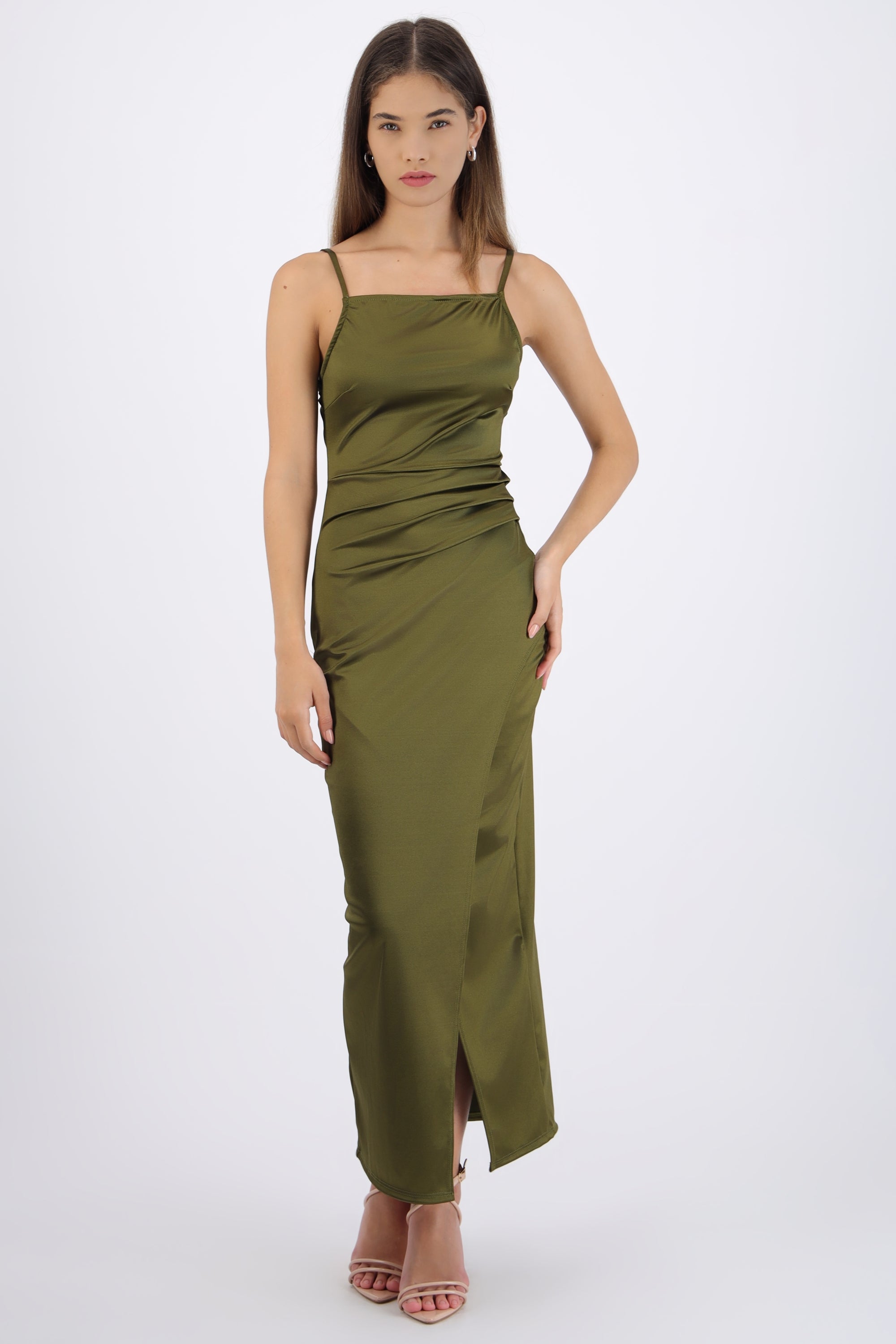 Vestido satinado escote recto OLIVO