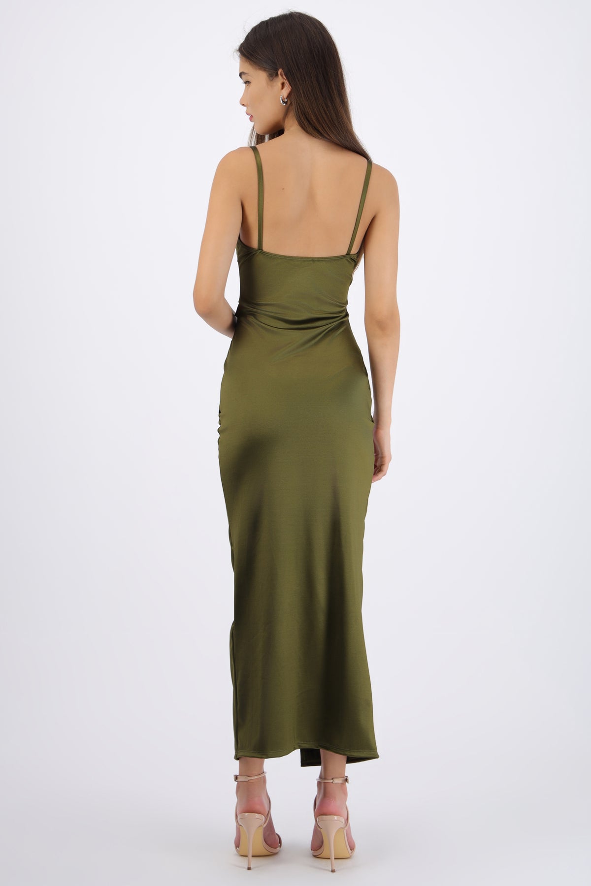 Vestido satinado escote recto OLIVO