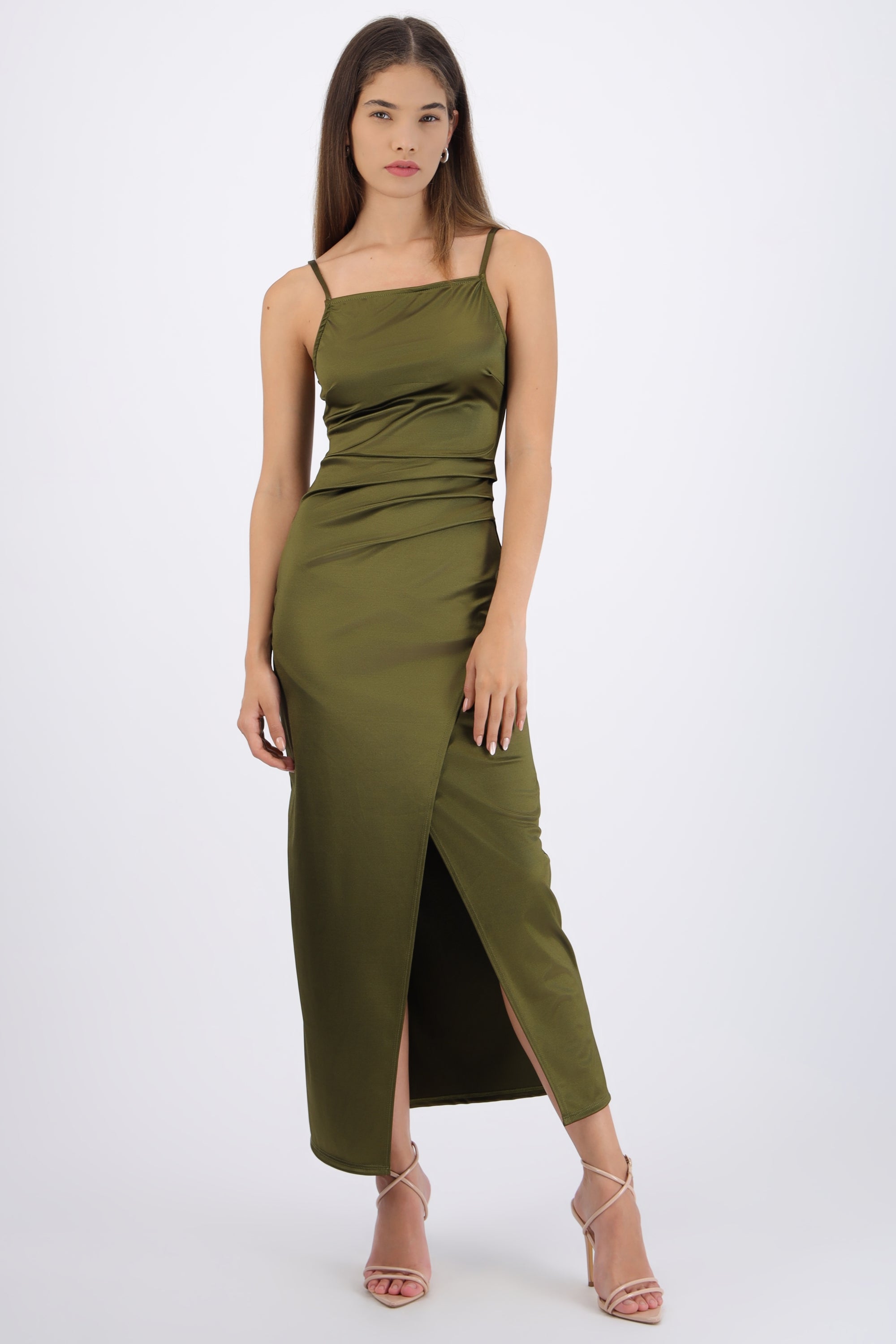 Vestido satinado escote recto OLIVO