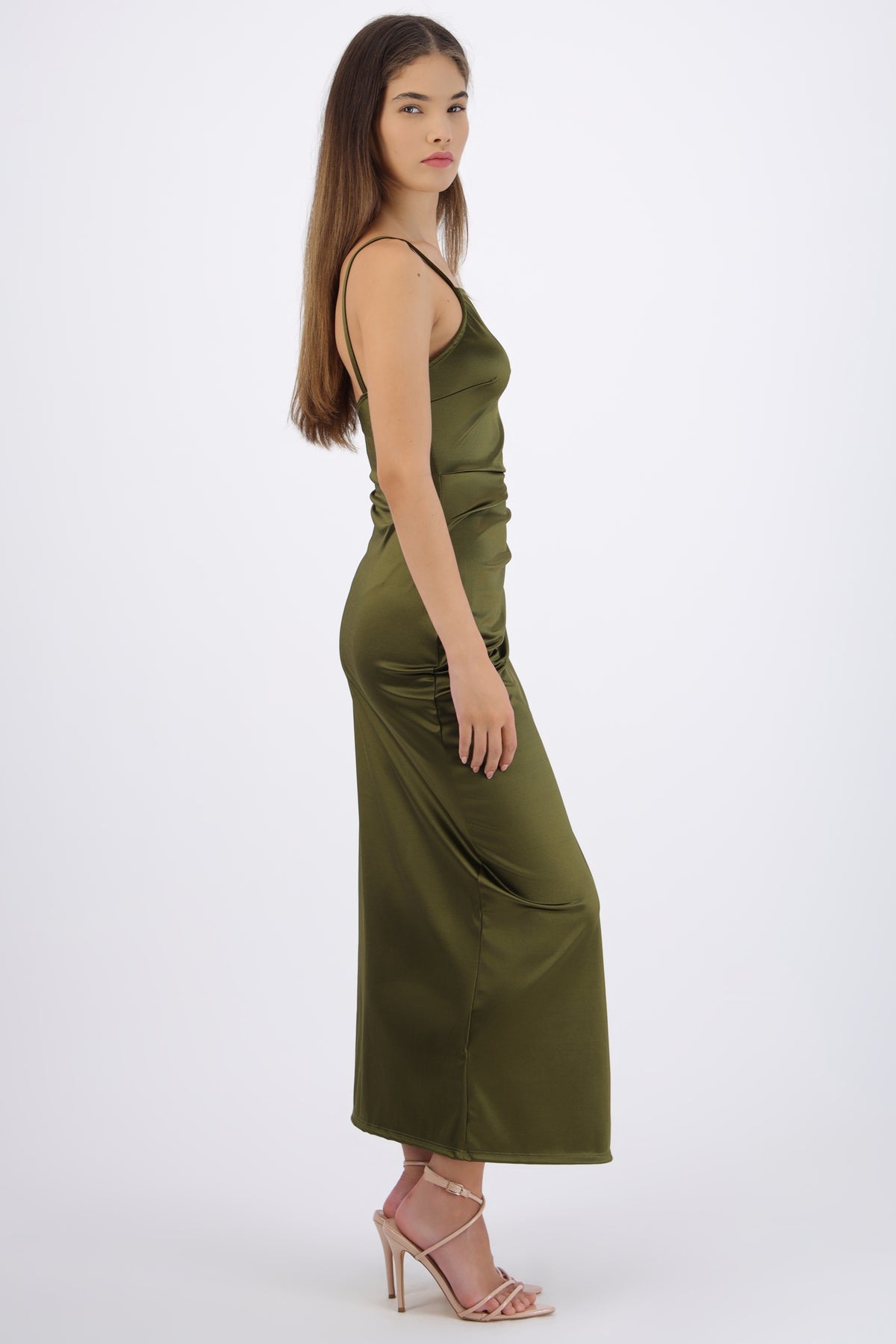 Vestido satinado escote recto OLIVO
