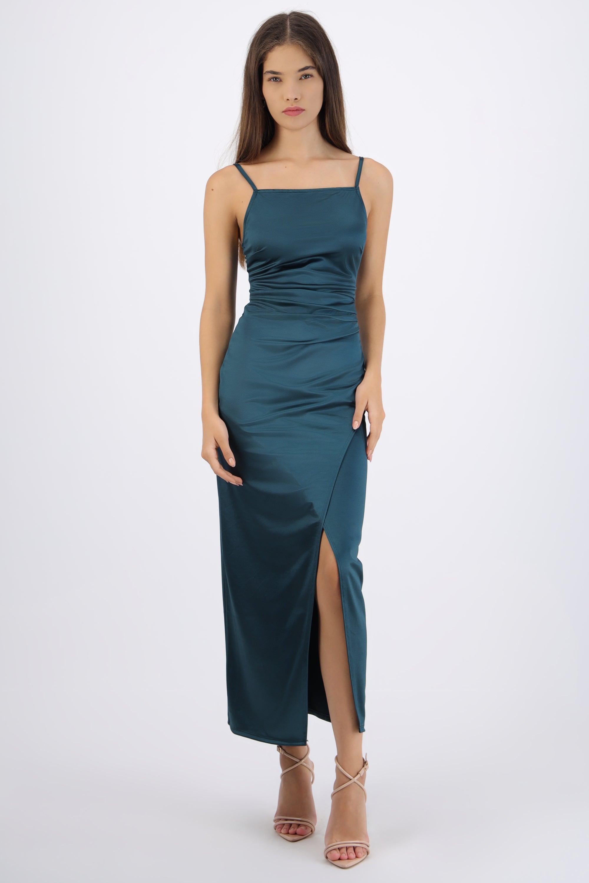 Vestido satinado escote recto VERDE CAZADOR