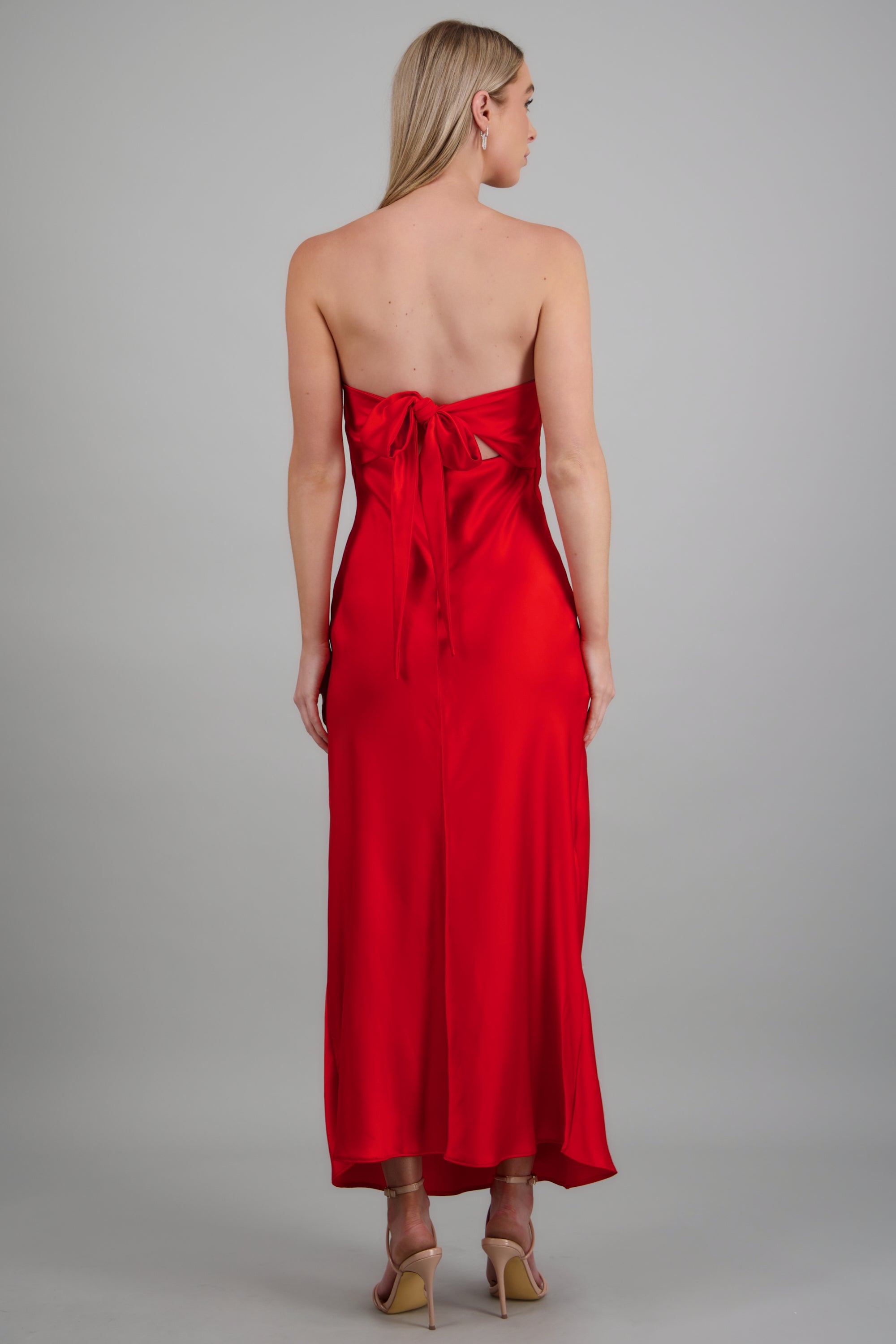 Vestido strapless maxi satin ROJO