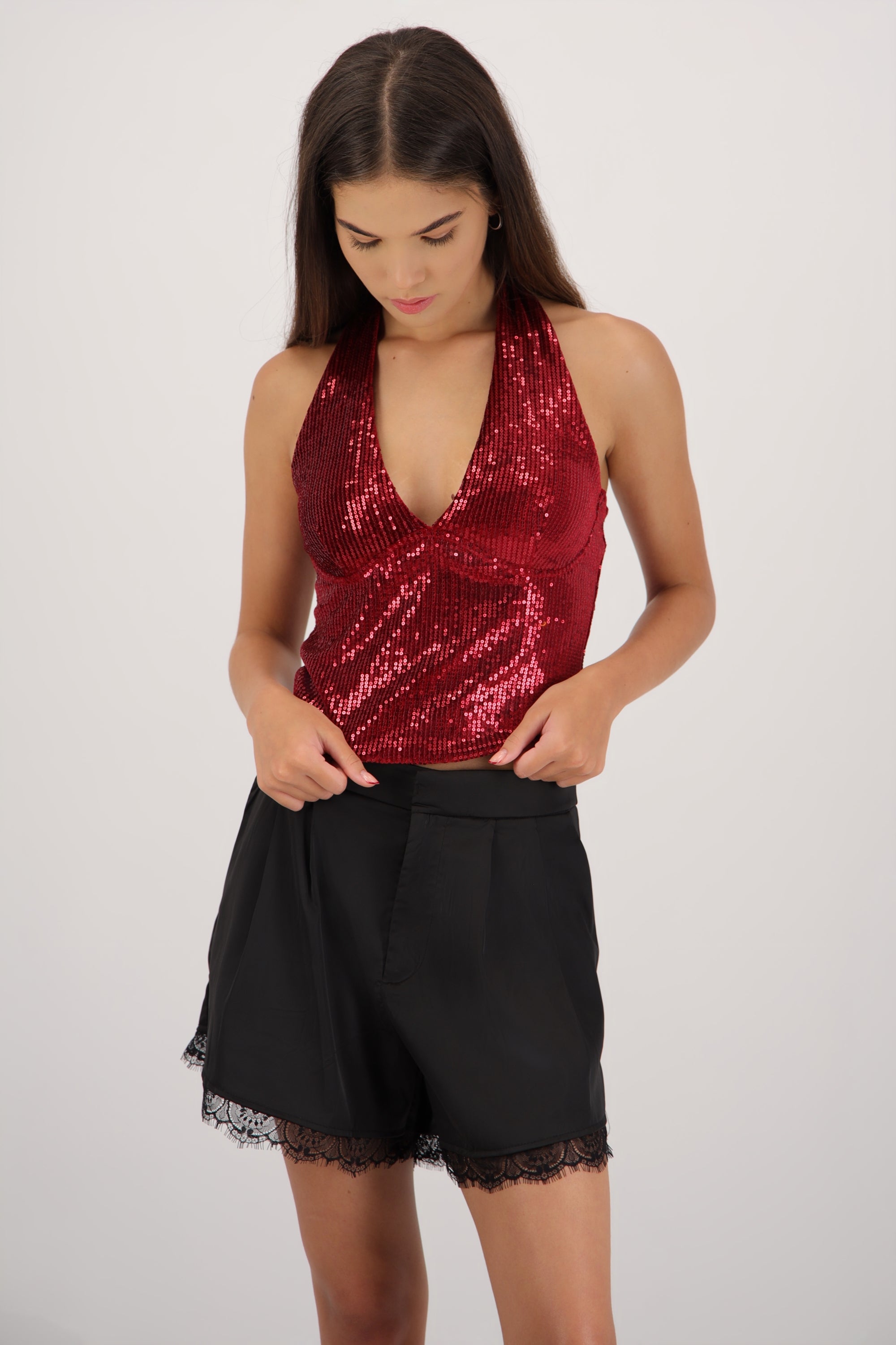 Top halter escote V lentejuelas VINO