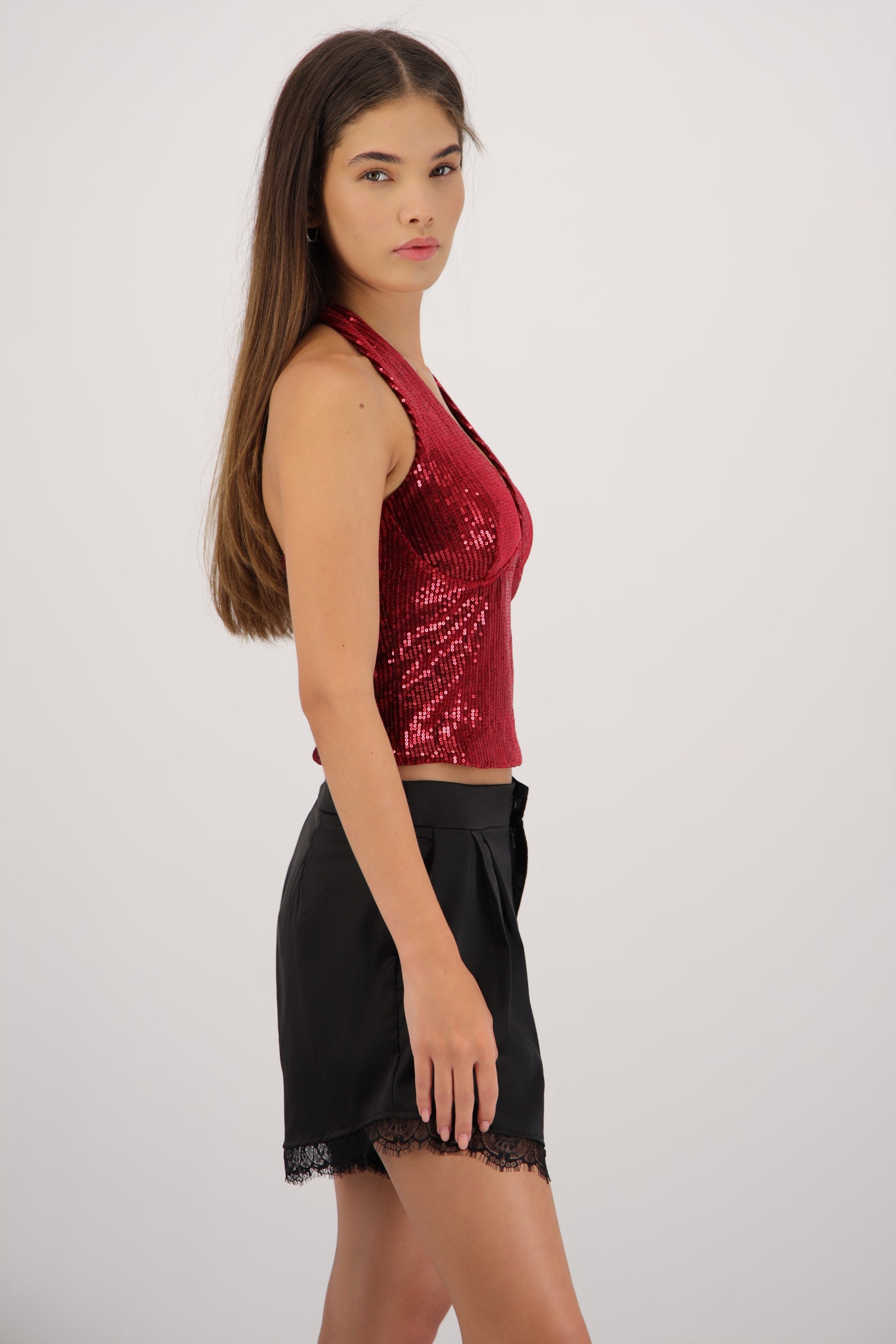 Top halter escote V lentejuelas VINO