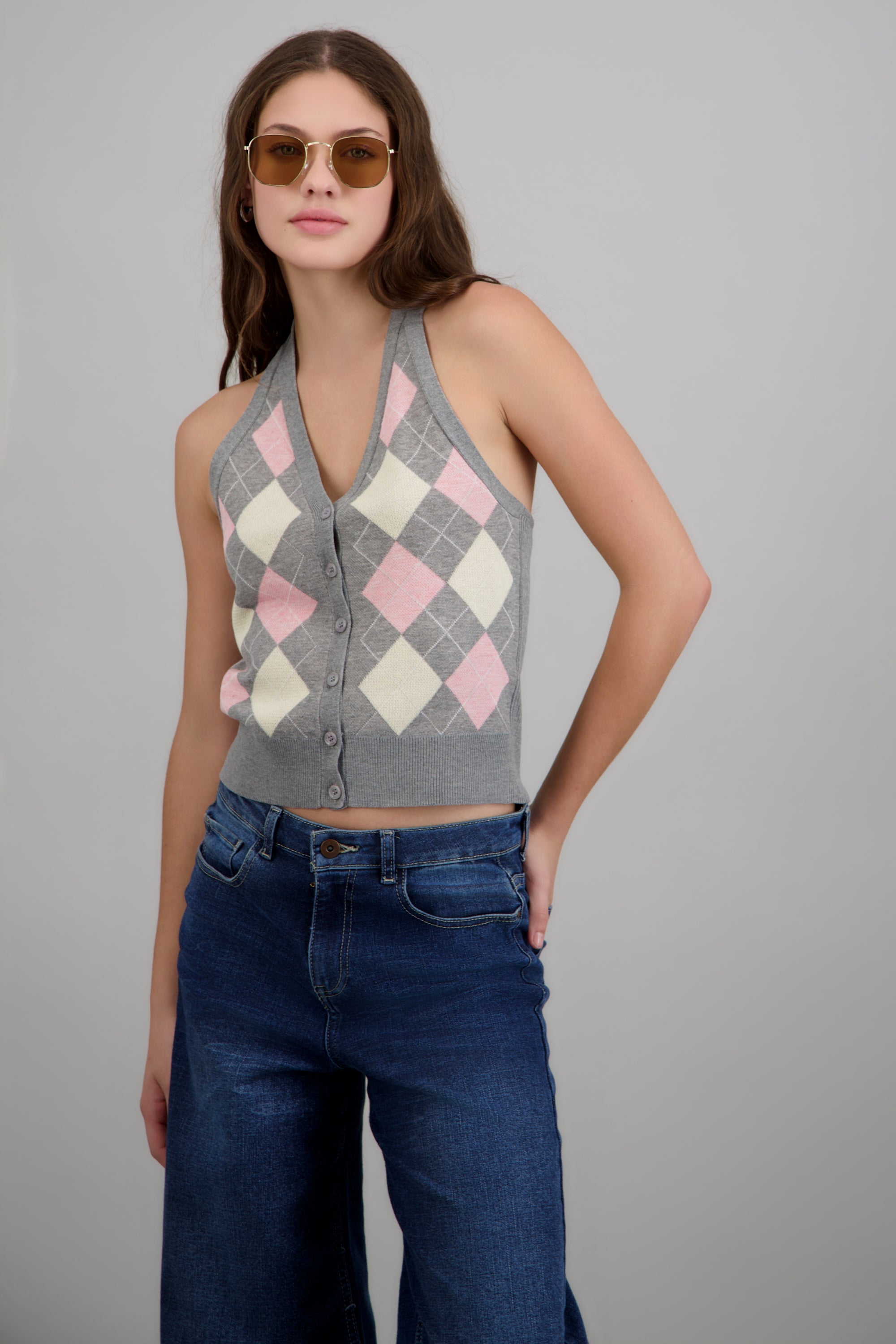 Top cuadros escote V halter knit GRIS COMBO