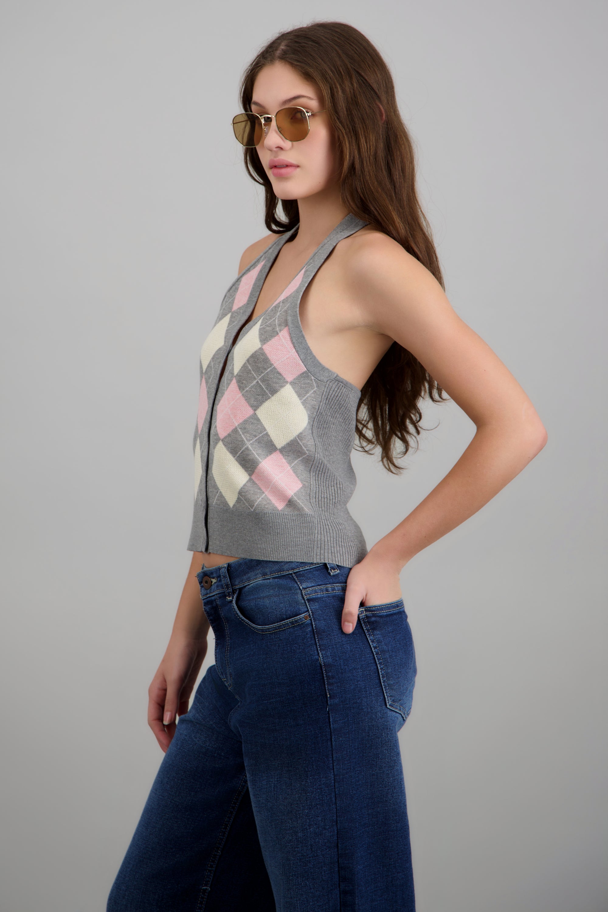 Top cuadros escote V halter knit GRIS COMBO