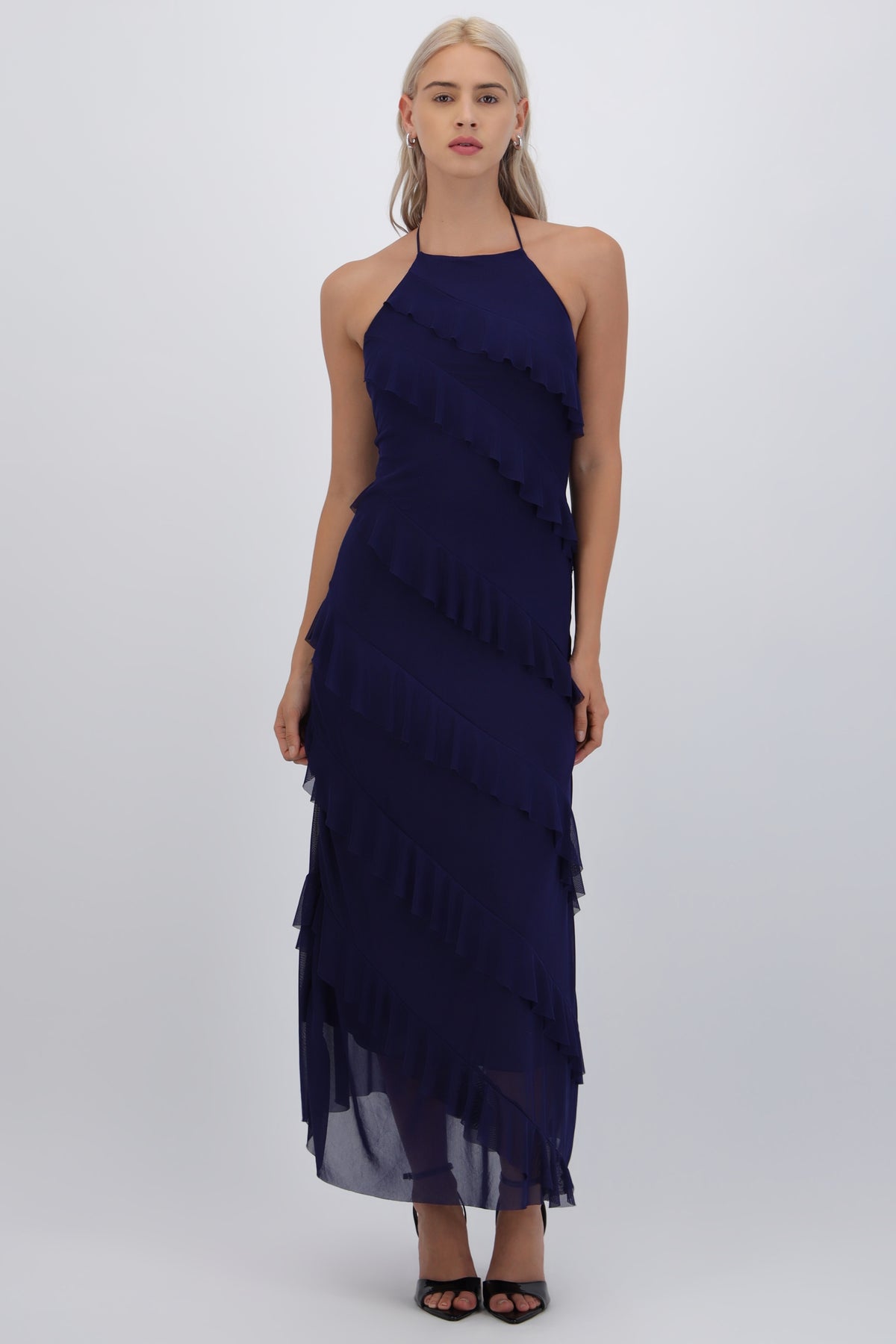 Vestido mesh con olanes AZUL MARINO
