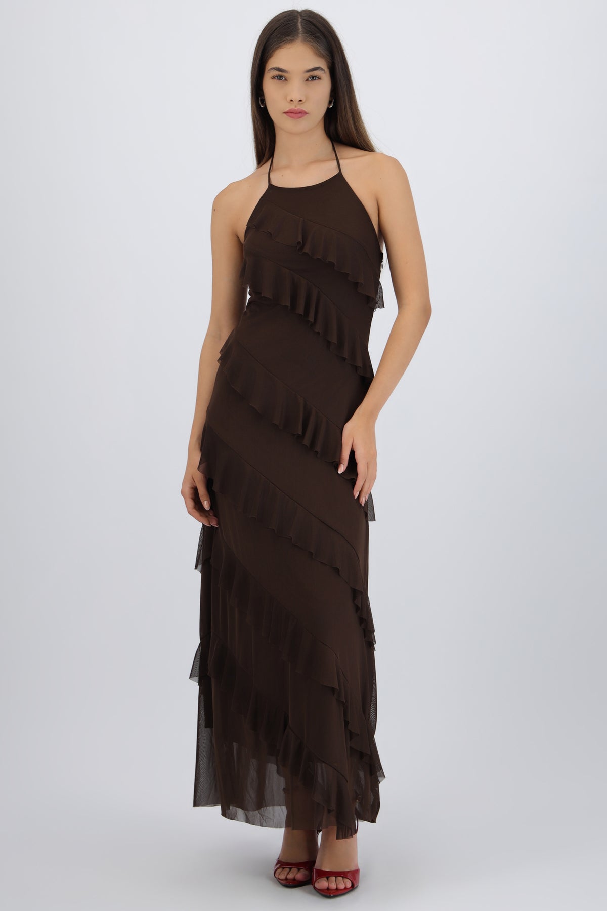 Vestido mesh con olanes CHOCOLATE