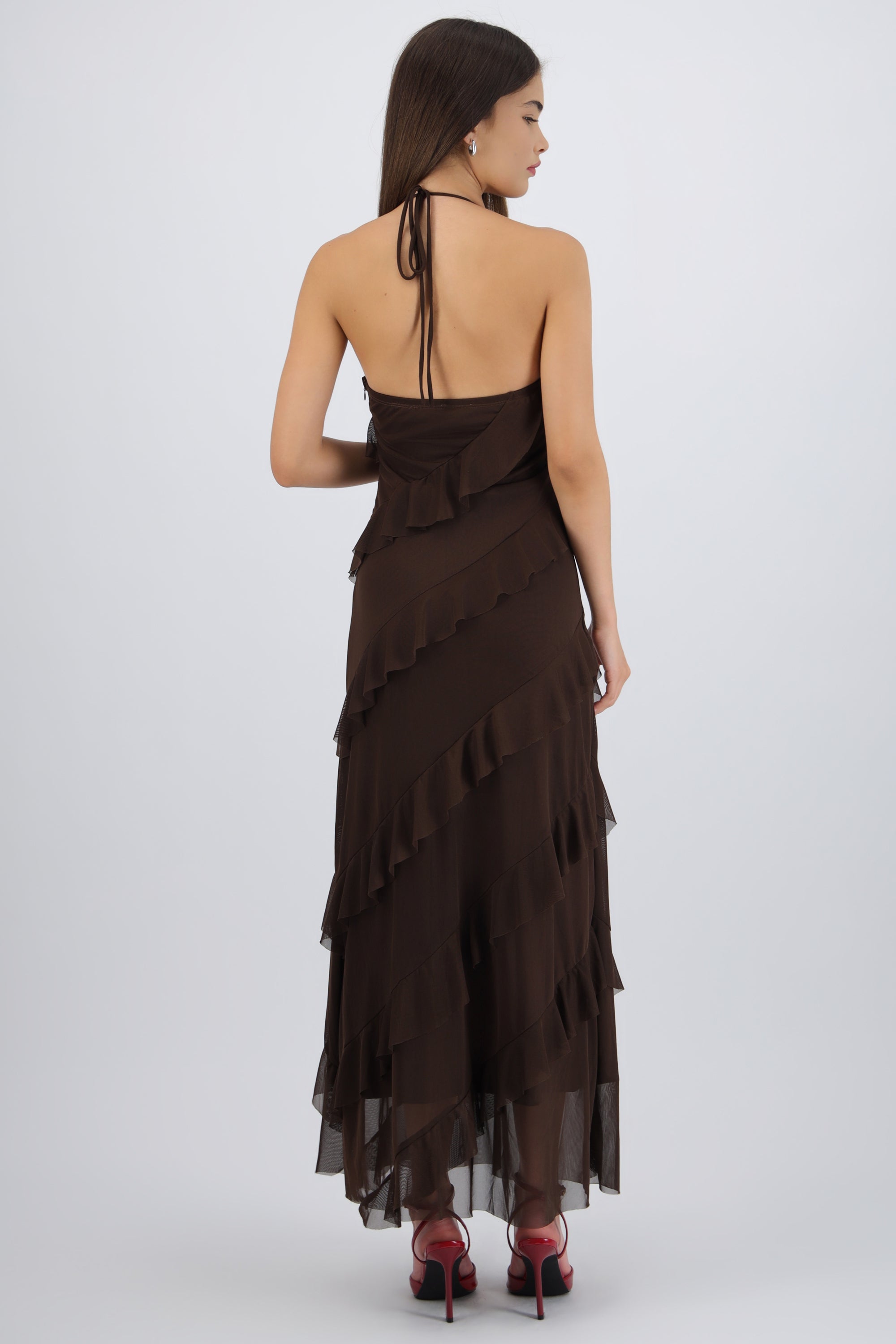 Vestido mesh con olanes CHOCOLATE