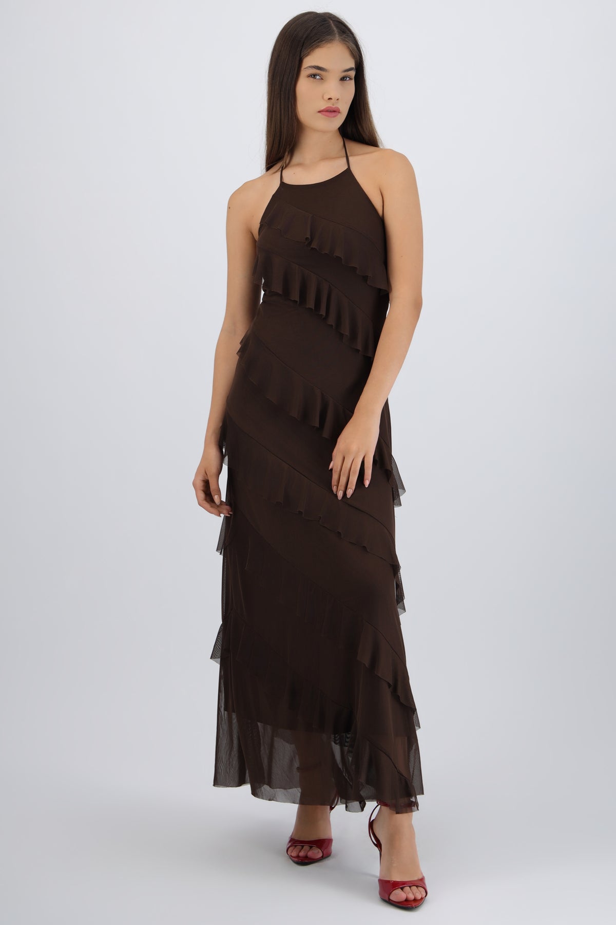 Vestido mesh con olanes CHOCOLATE