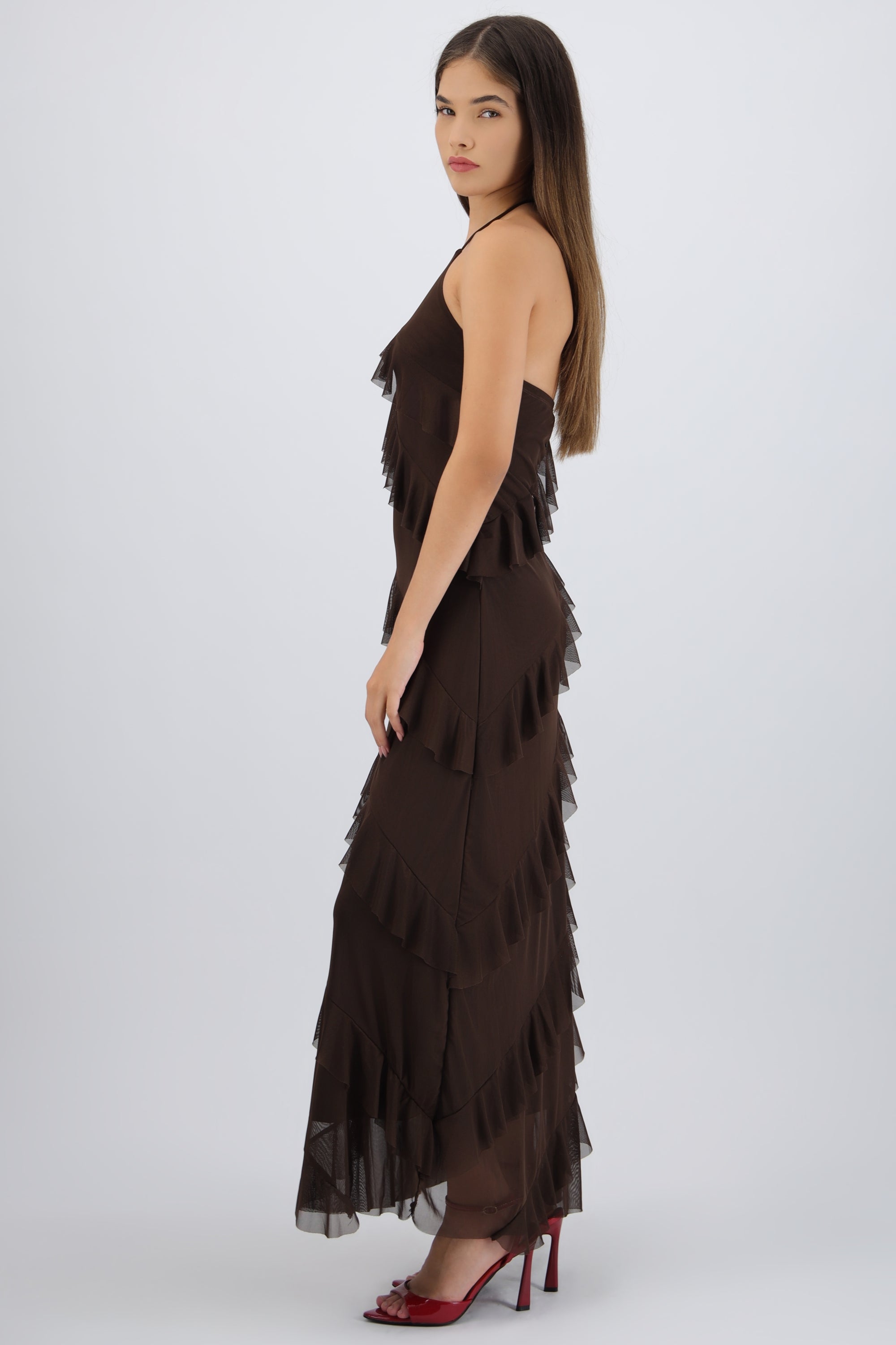 Vestido mesh con olanes CHOCOLATE