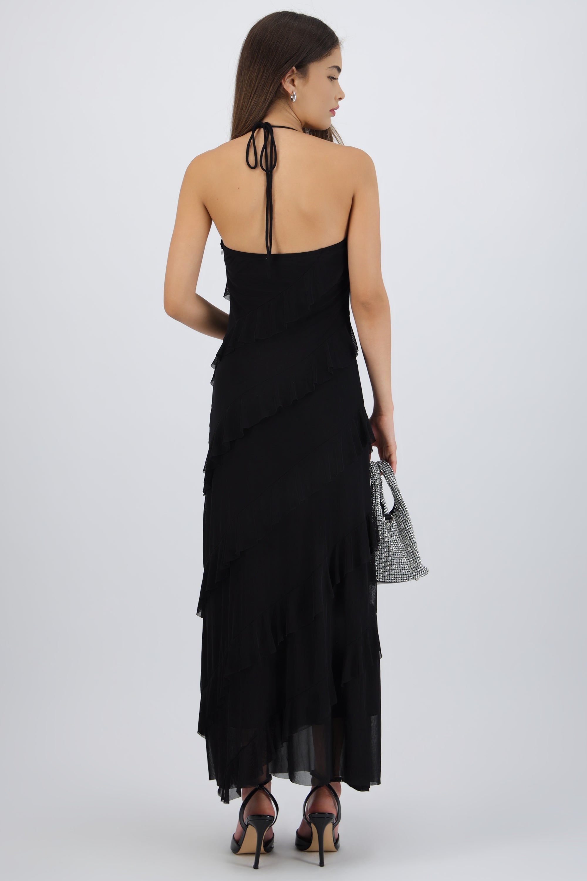 Vestido mesh con olanes NEGRO