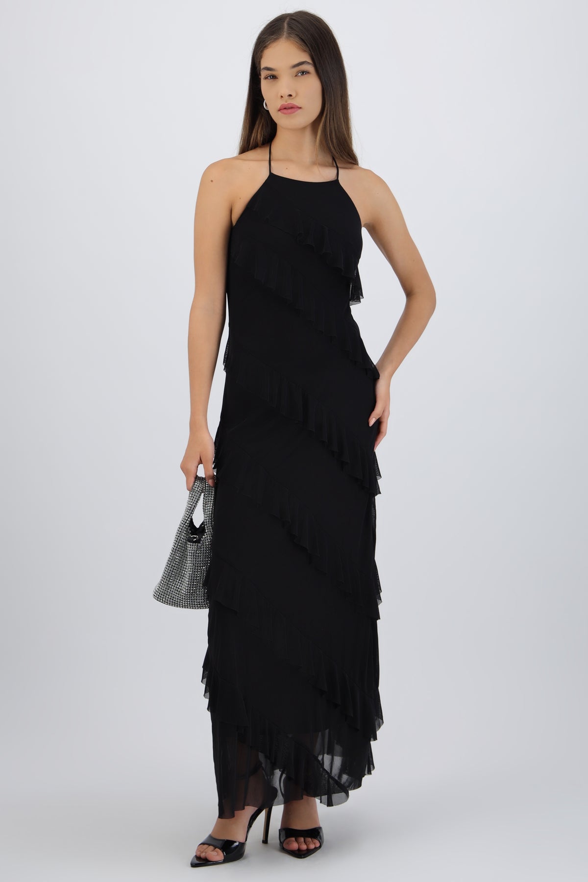 Vestido mesh con olanes NEGRO