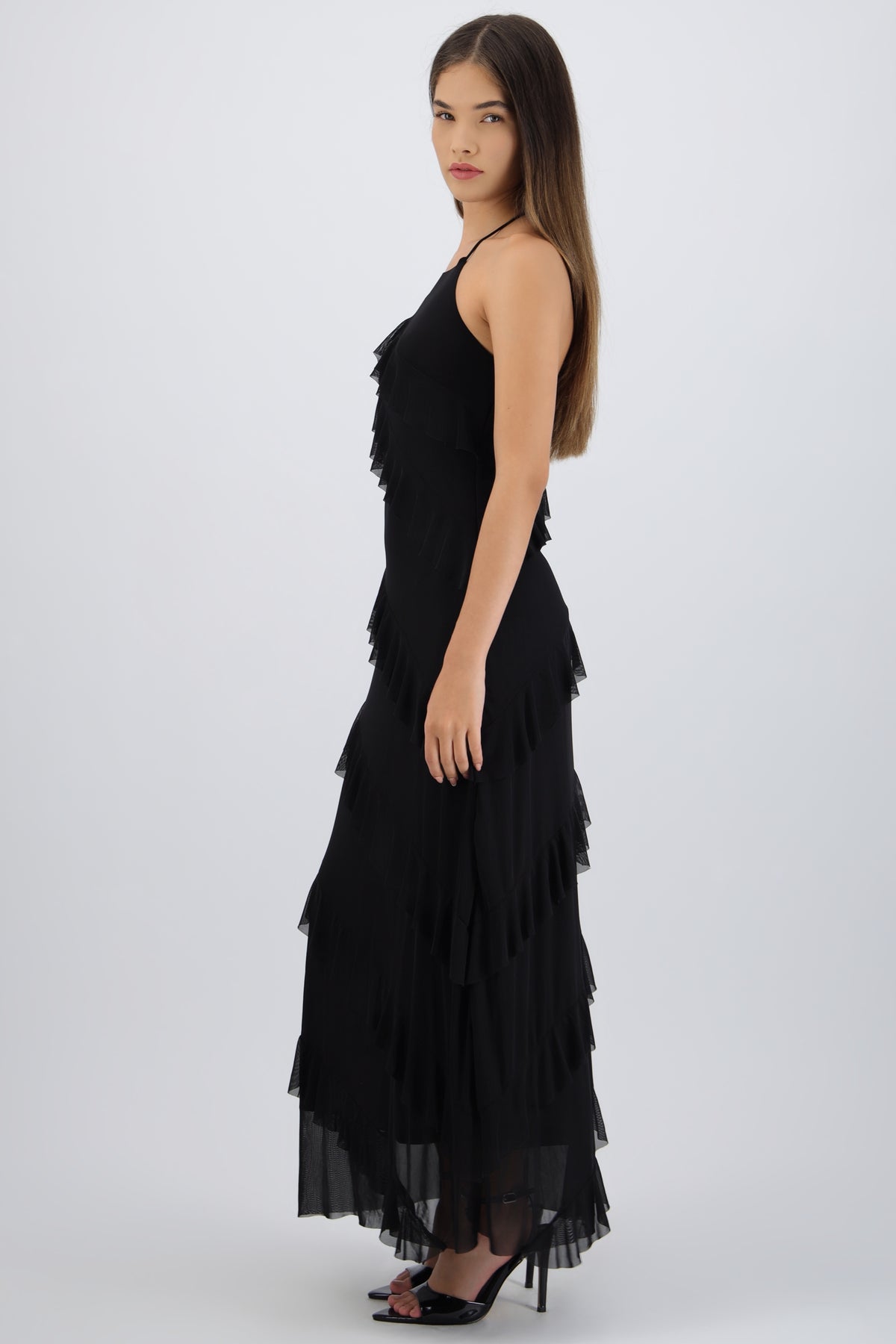 Vestido mesh con olanes NEGRO