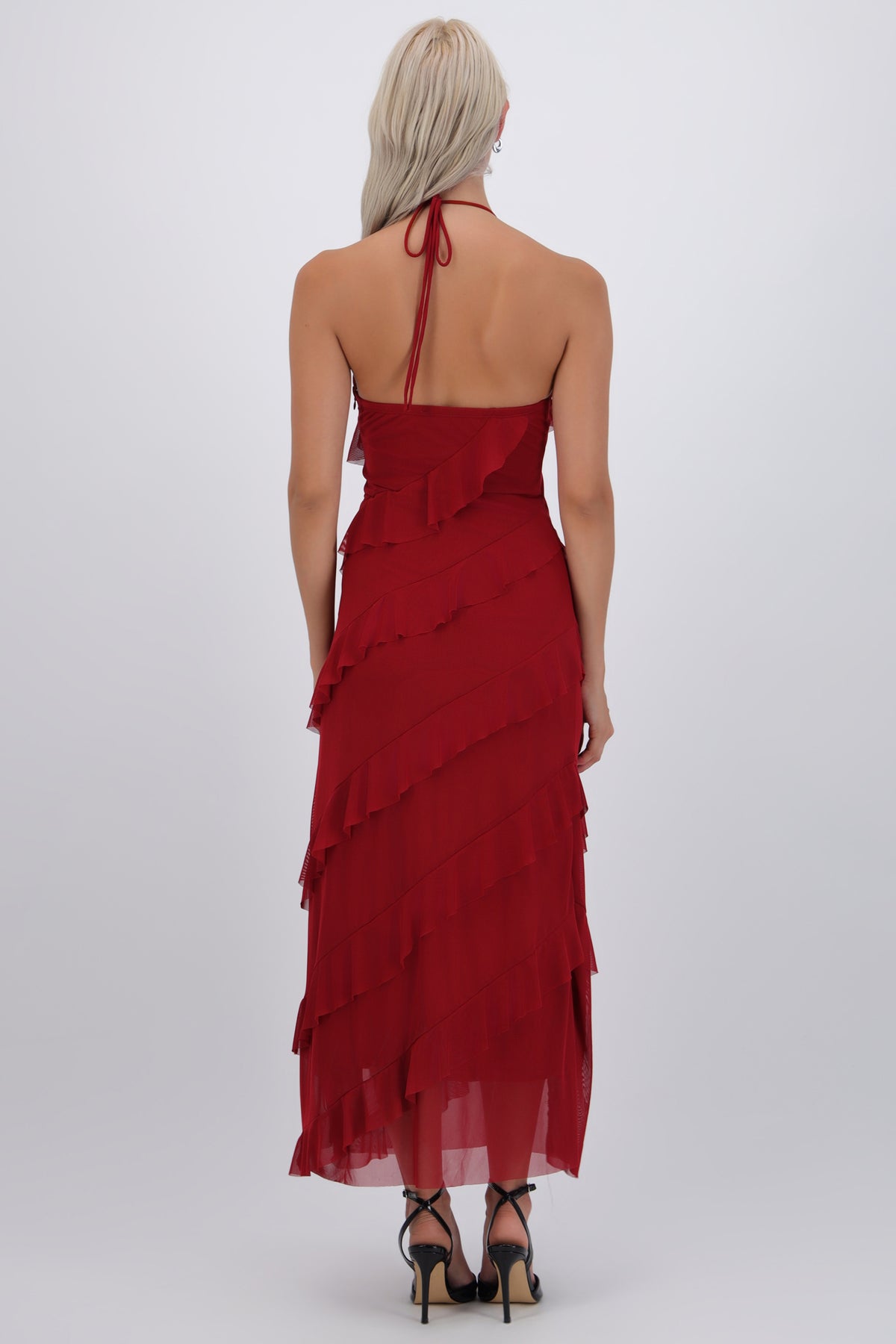 Vestido mesh con olanes VINO