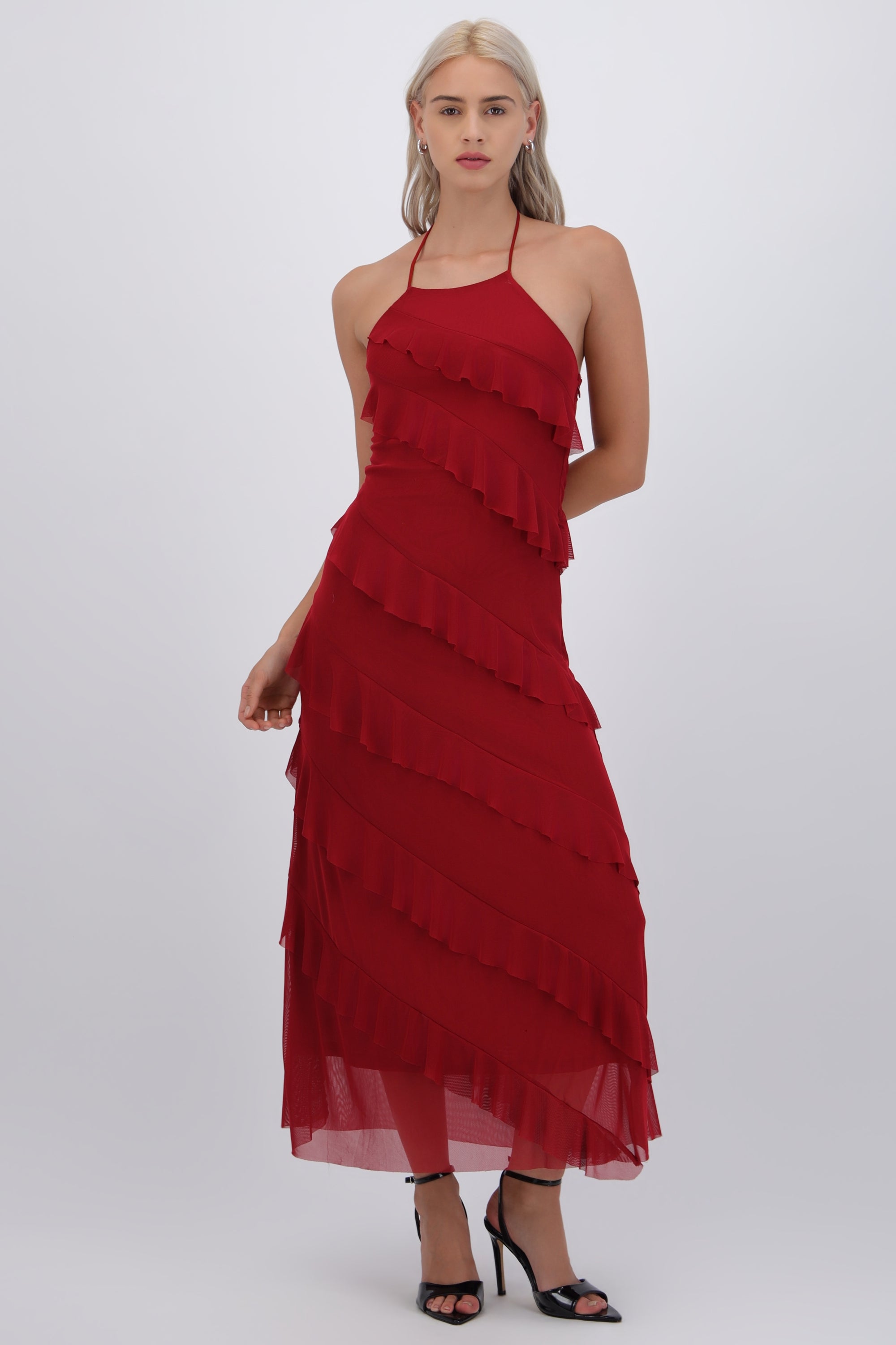 Vestido mesh con olanes VINO