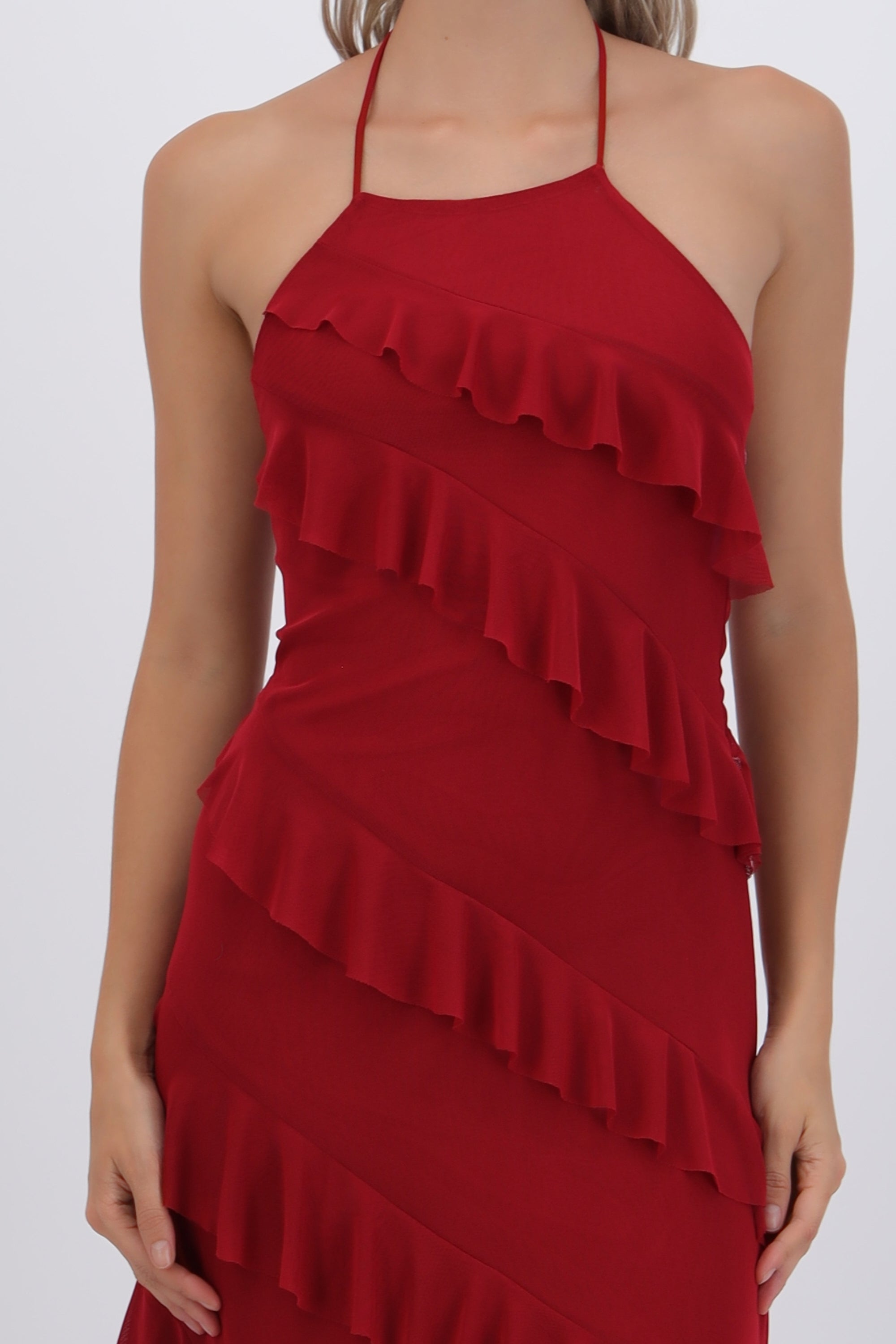 Vestido mesh con olanes VINO
