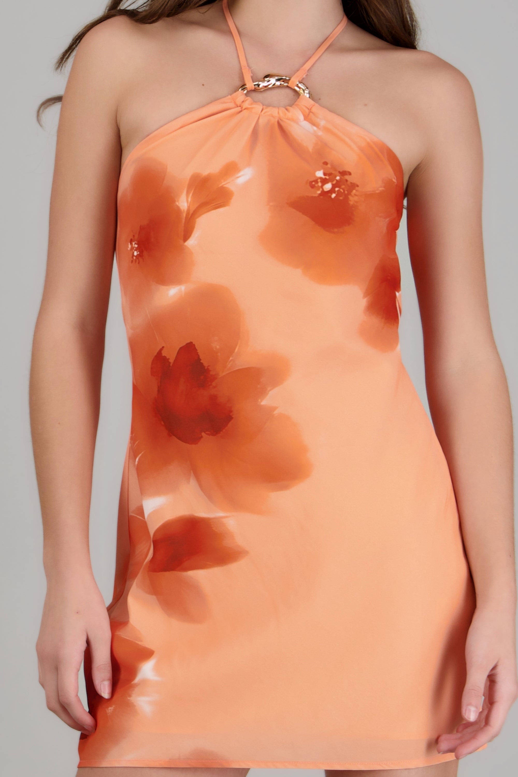 Vestido flores amarre cuello detalle metalico CORAL COMBO
