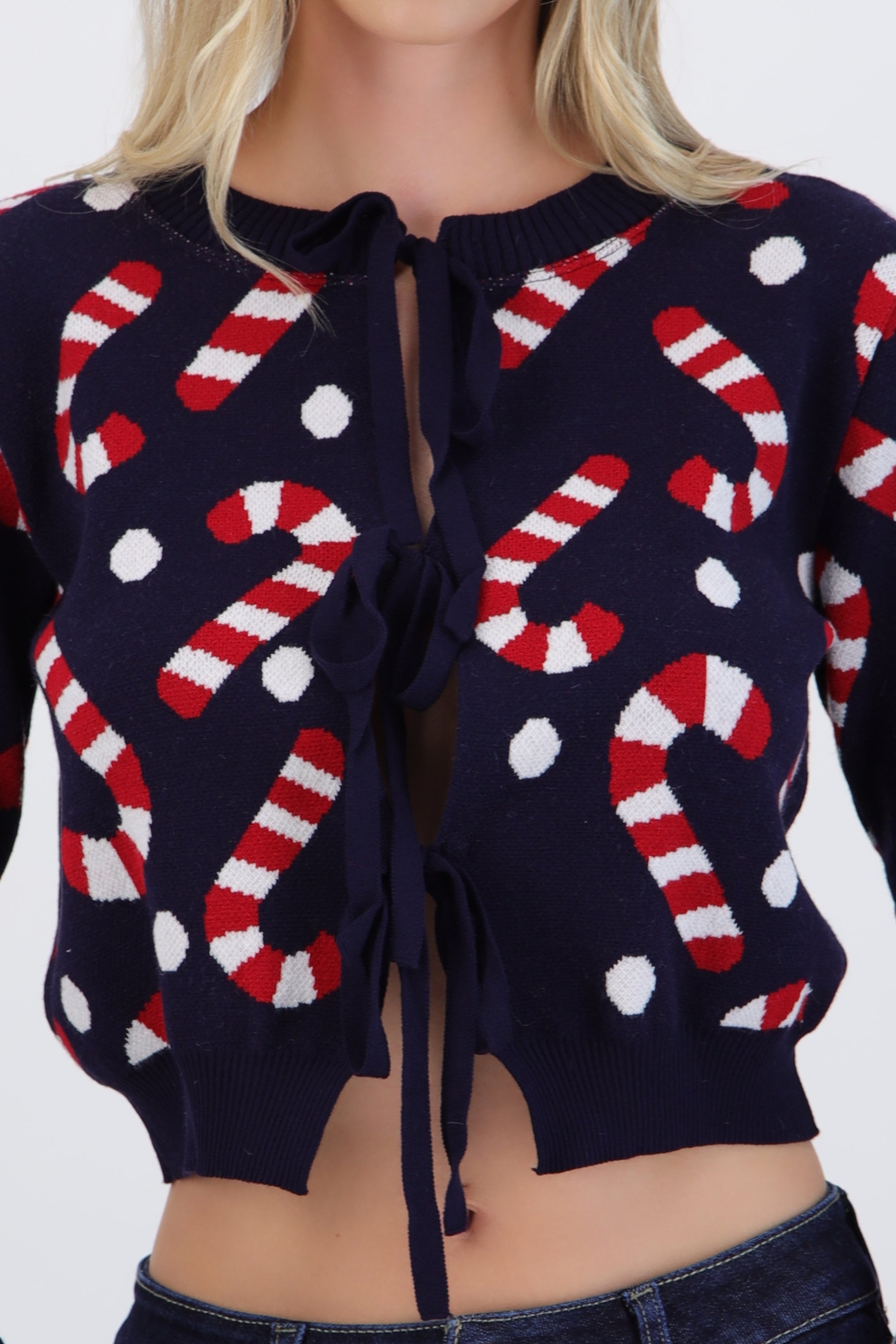 Cardigan candycanes detalle moños