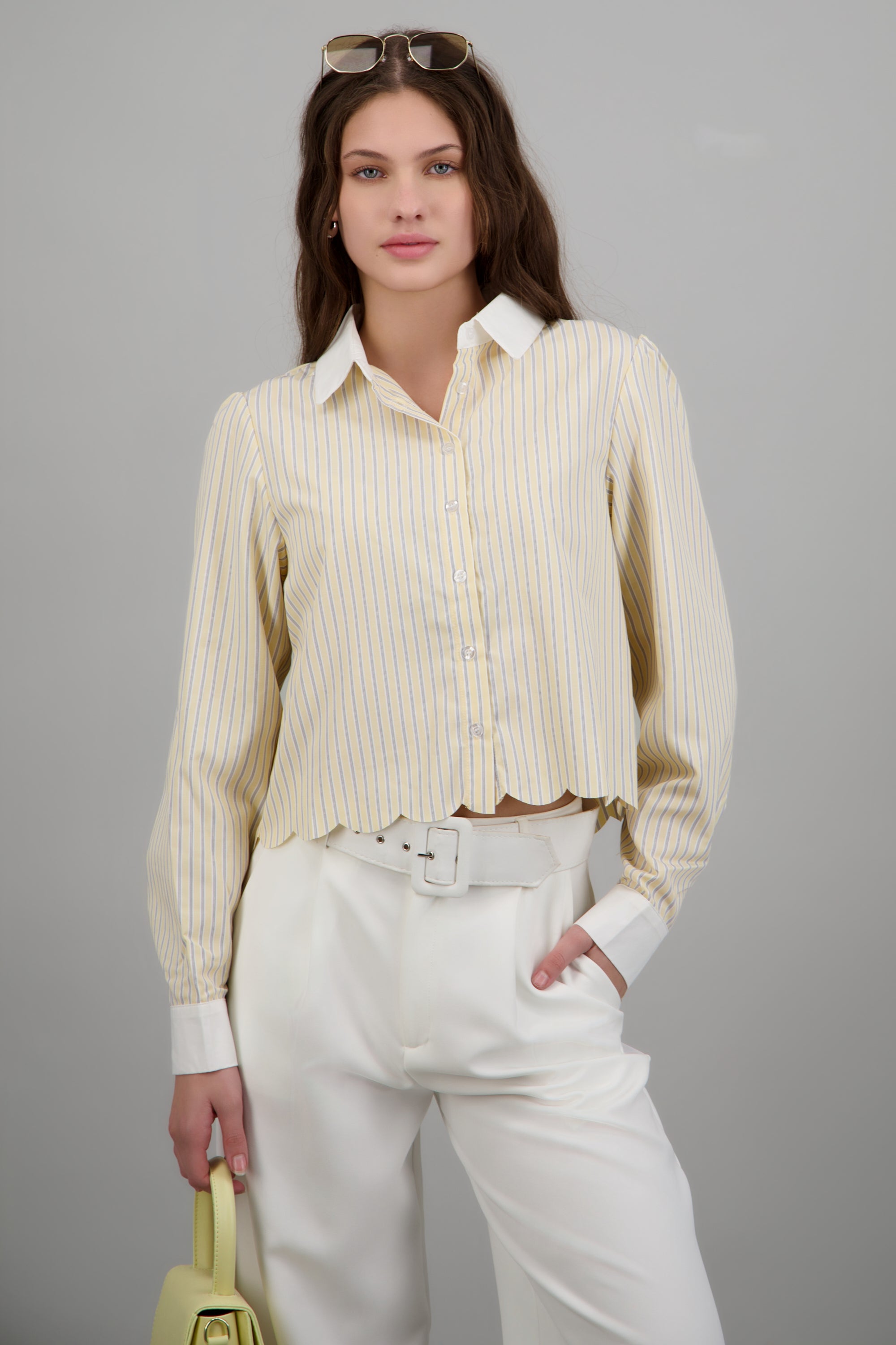 Camisa crop rayas detalle corte AMARILLO COMBO
