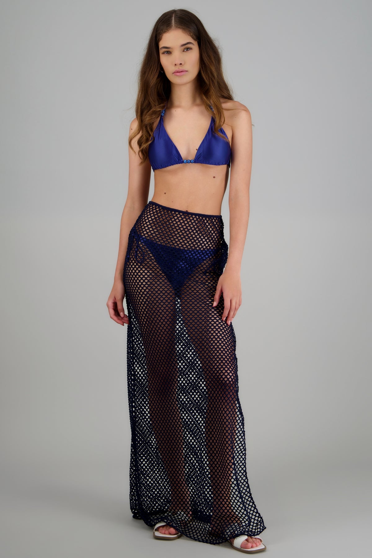 Bikini 3 pz satinado falda tipo crochet MARINO