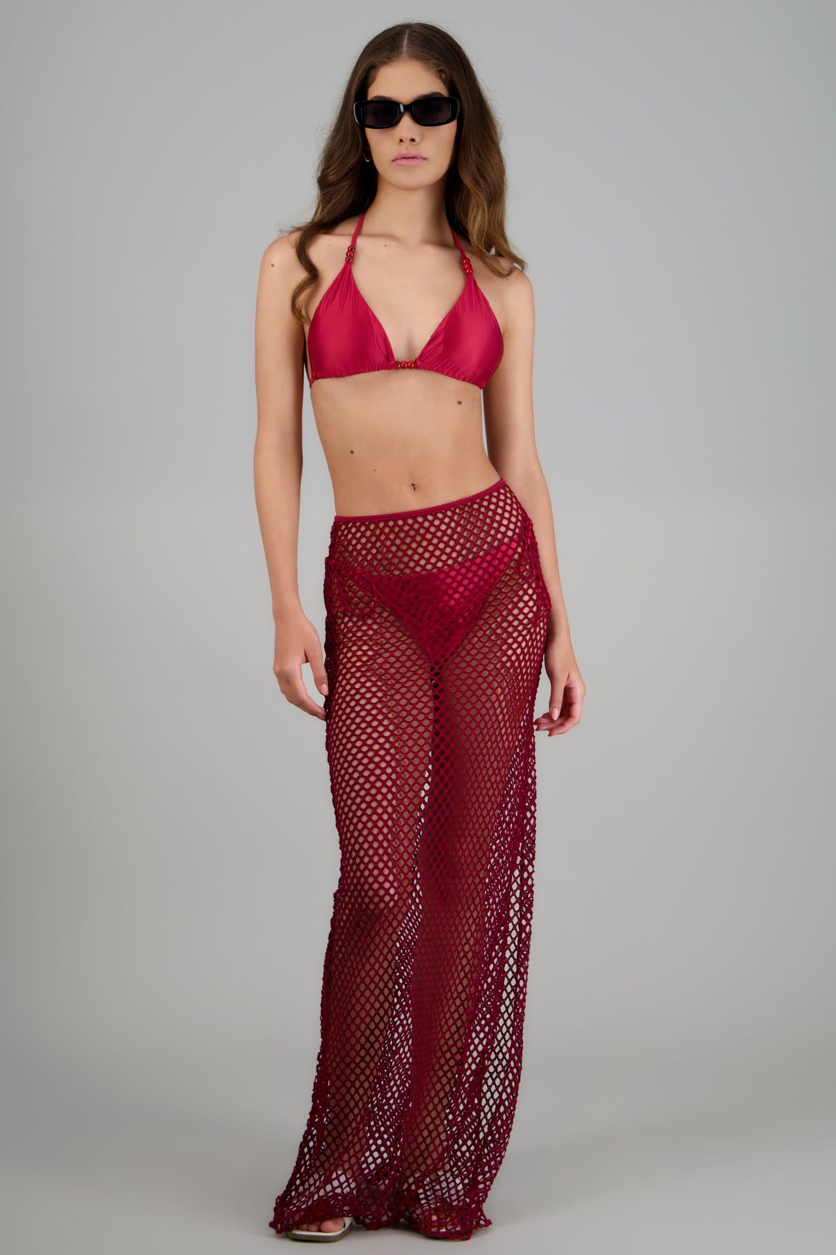 Bikini 3 pz satinado falda tipo crochet CIRUELA