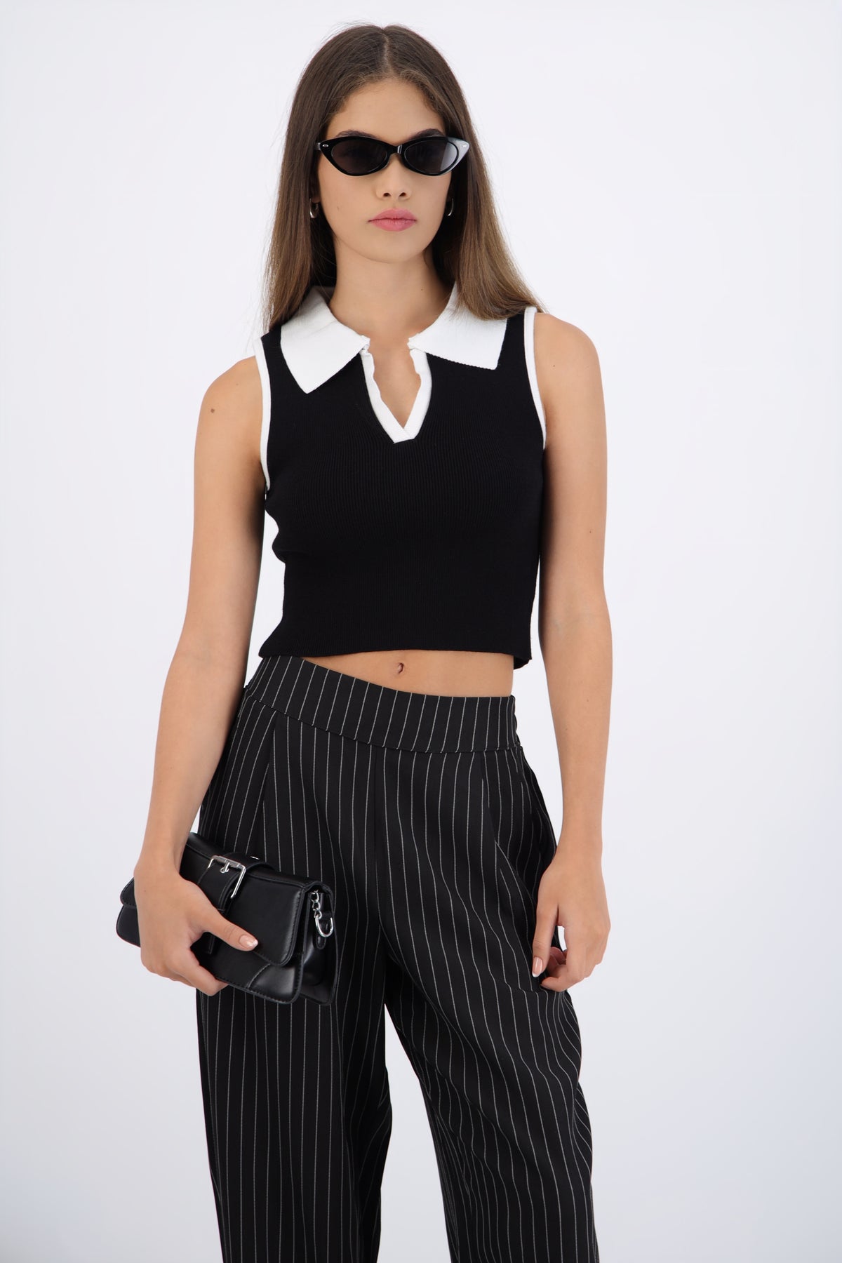 Top cuello polo contraste NEGRO