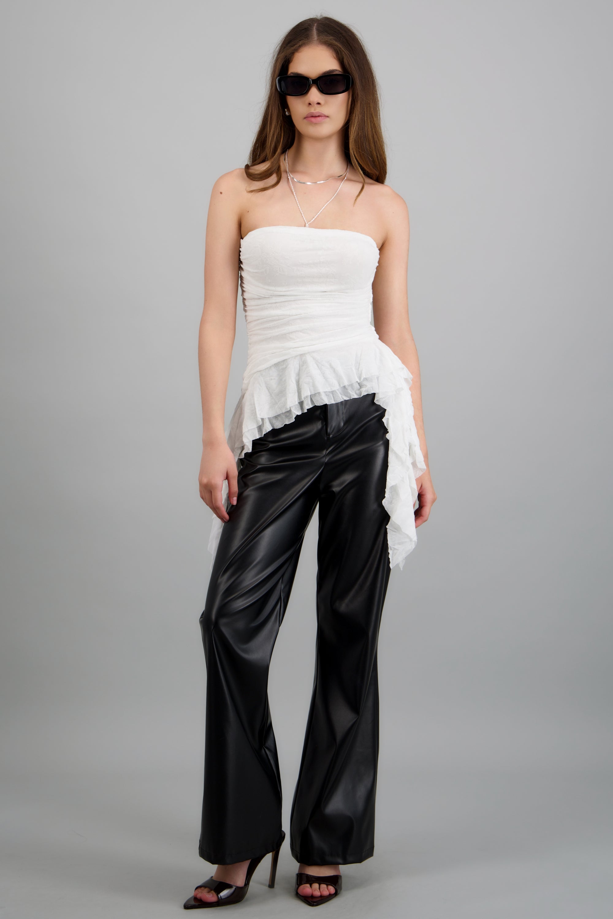 Top strapless drapeado mesh flock BLANCO